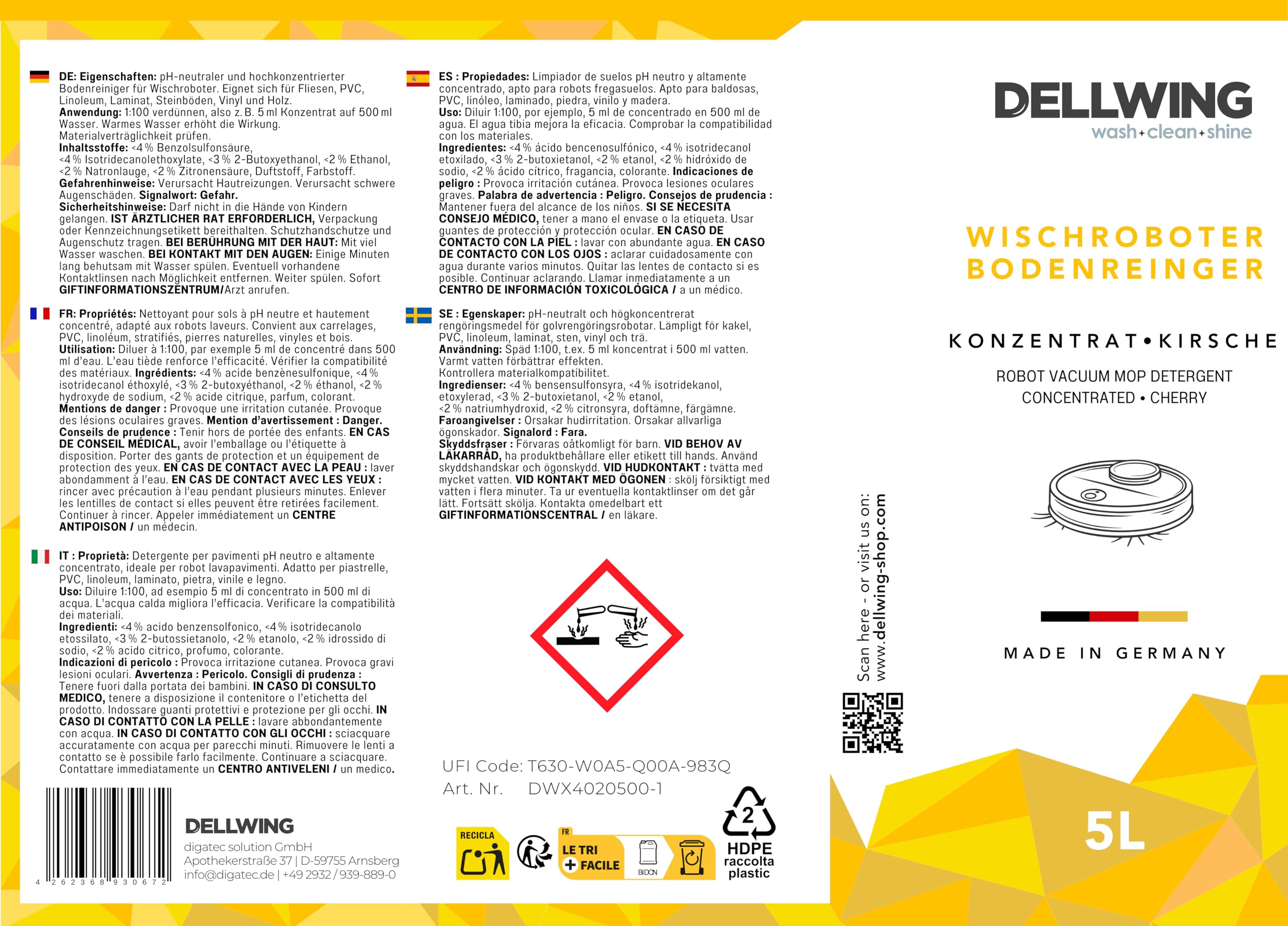 Dellwing Limpiador para robots de fregado concentrado 5 l, limpiador de suelos para todo tipo de superficies con aroma a cereza, fabricado en Alemania