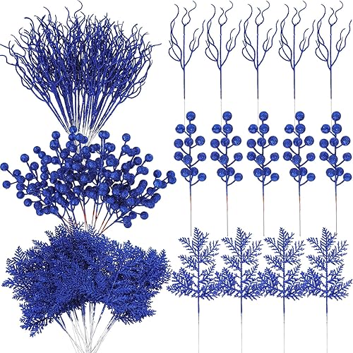 Miniatura 1 de Craftsatin 75 ramas de Navidad con purpurina, 3 estilos, púas artificiales de Navidad, bayas, tallos de pino, ramas florales en aerosol para adornos