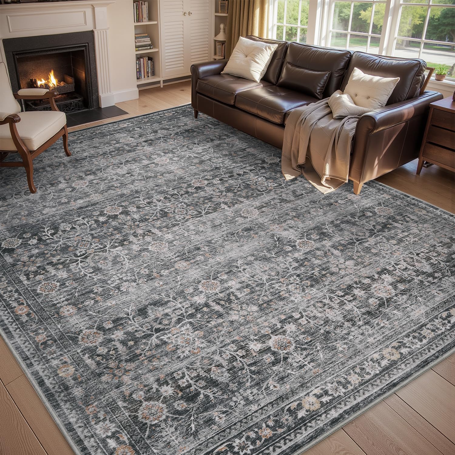 MontVoo-Vintage Area Rug 9X12 Grey Rugs for Living Room-Soft Distressed Printed Rugs for Bedroom-Non Slip Carpet-Machine Washable Rug for Dining Room