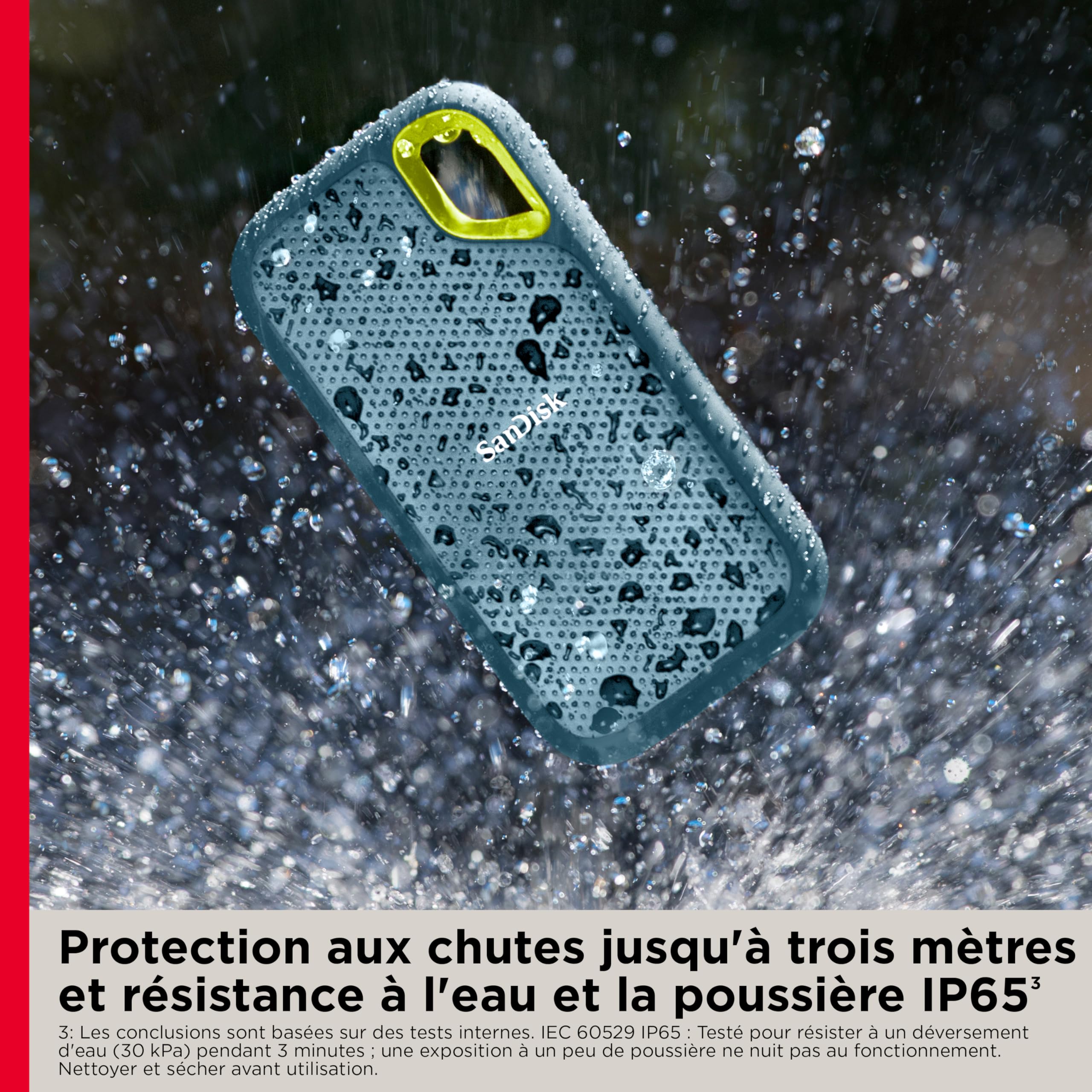 SANDISK Extreme Disque SSD Externe 1 To (jusqu'à 1050 Mo/s en lecture, 1000 Mo/s en écriture, USB-C, Portable NVMe, Résistance à la poussière et à l'eau classée IP65, Mousqueton pratique)Monterey | SSD externe, compatible PC et Mac, résistance à l'eau et