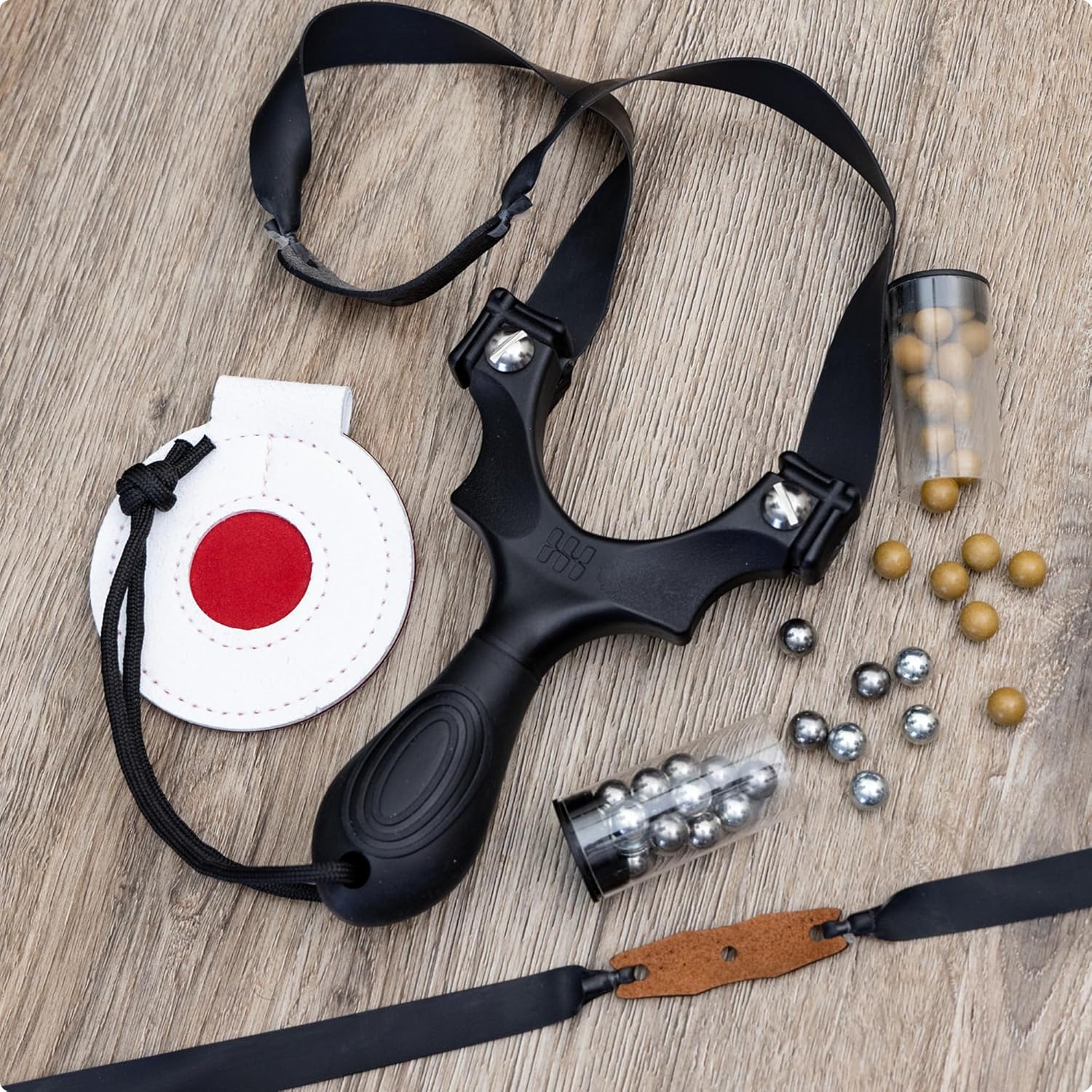 SimpleShot Scout XT Slingshot with Target, Clay Ammo and Bands for Professional Hunting and Powerful Target Shooting Sling Shot Double Black