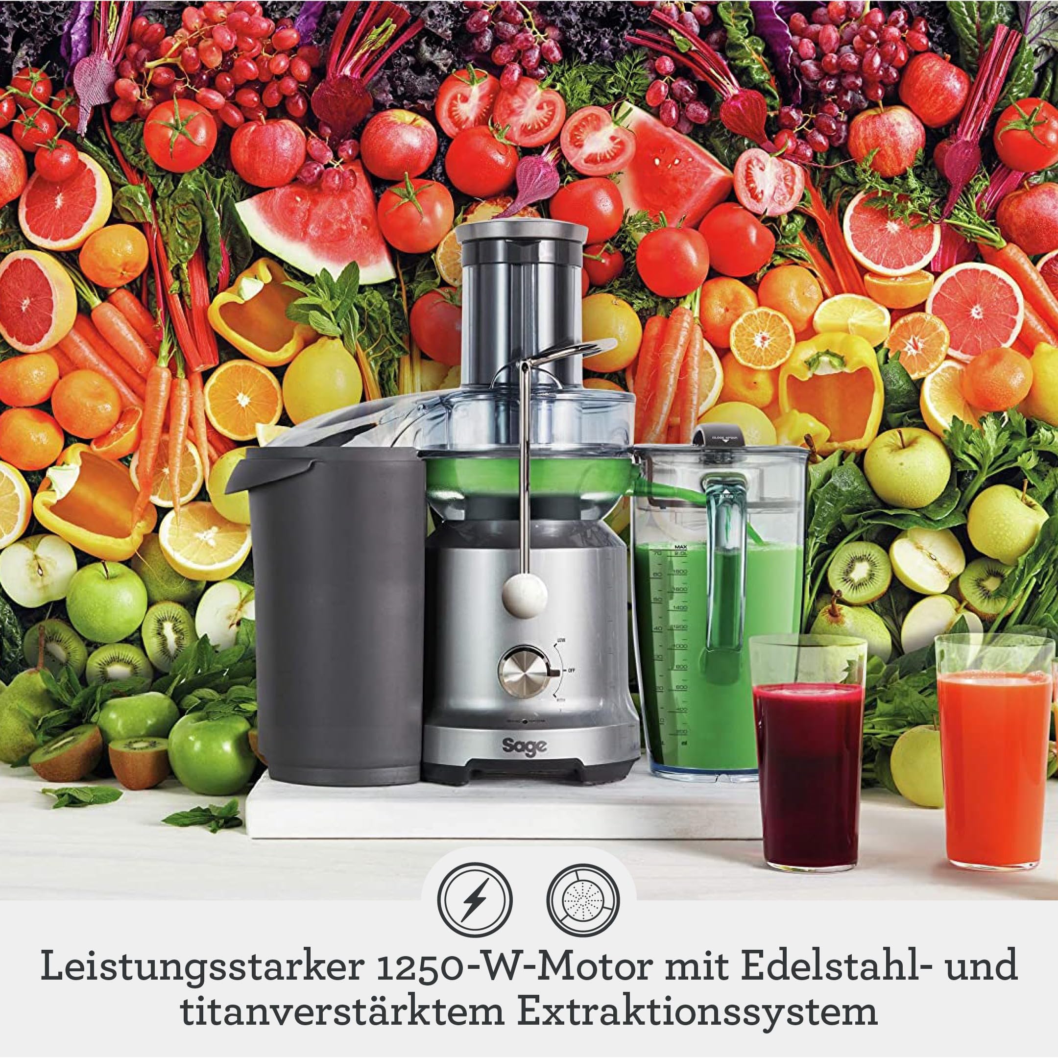 Sage - The Nutri Juicer Cold - Entsafter für Obst und Gemüse - Cold-Spin-Technologie, Hohe Saftausbeute, Extrabreiter Einfüllschacht, Einfach zu Reinigendes Sieb, 1250W Motor, 2L Saftkrug - Silber