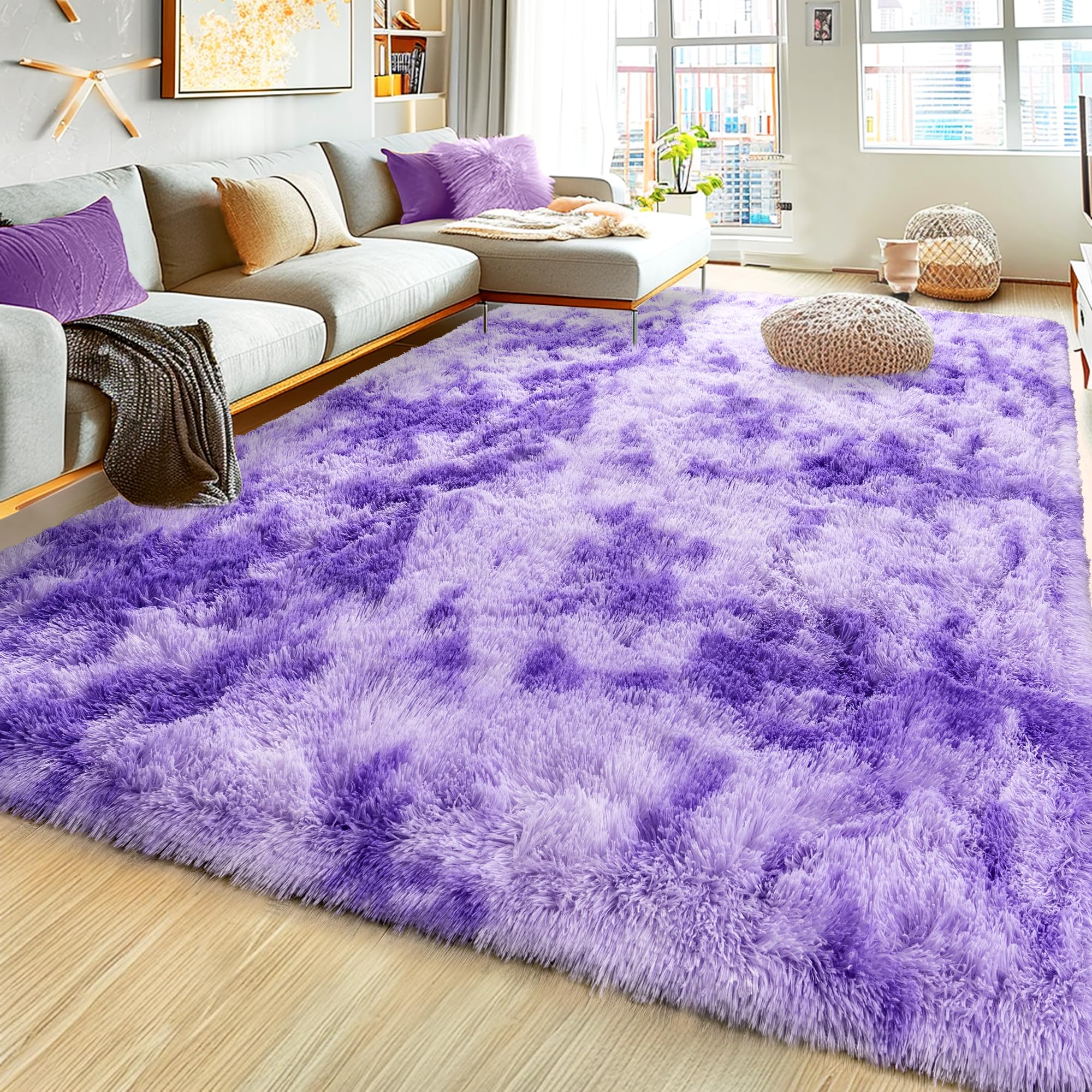Ultra Fluffy Rug for Living Room Bedroom, 5x7 Fuzzy Large Area Rug for Living Room, Plush Soft Shag Carpet for Girl Boy Kids, Non Slip Rug Modern Indoor Home Decor Aesthetic, Tie-Dyed Purple