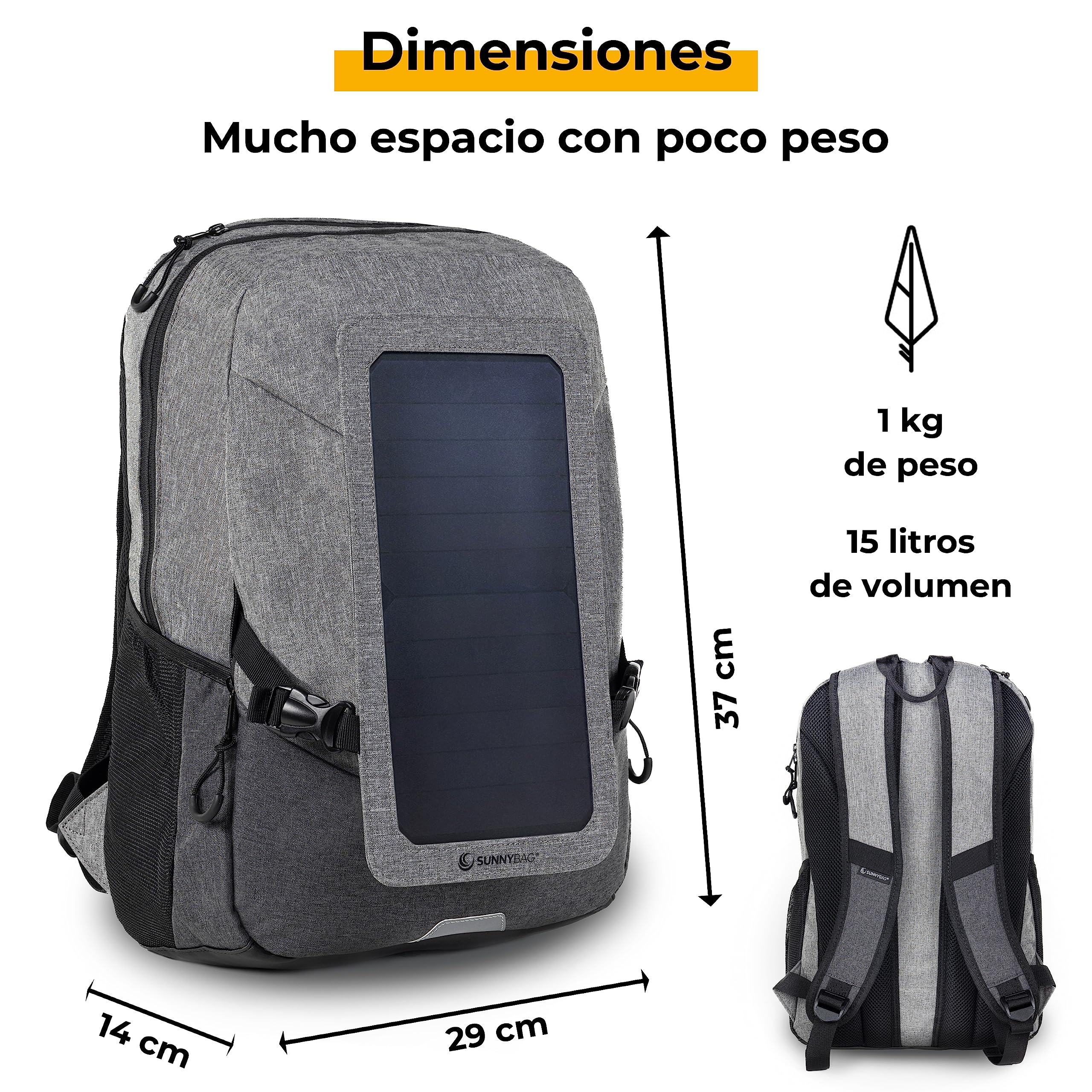 Sunnybag Explorer+ Mochila Solar con Panel Solar Desmontable de 6 vatios | con Puerto USB para Cargar móviles y Dispositivos USB | Incluye Compartimento para portátil | Repelente al Agua | 15 litros