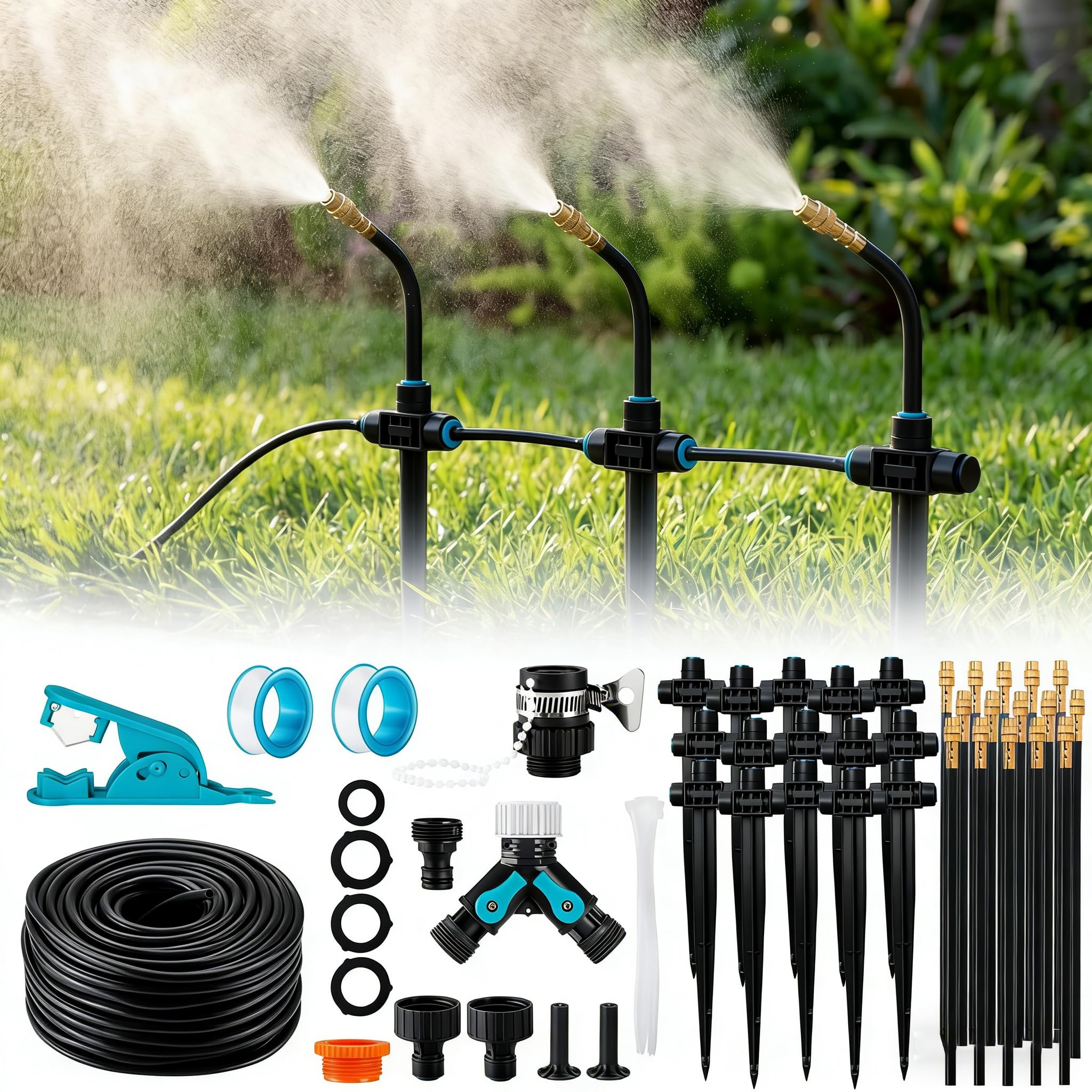 Sistema di irrigazione a goccia per giardino e balcone – regolabile a 360°, flusso controllabile; adatto per serre, aiuole e piante in vaso. (20M)