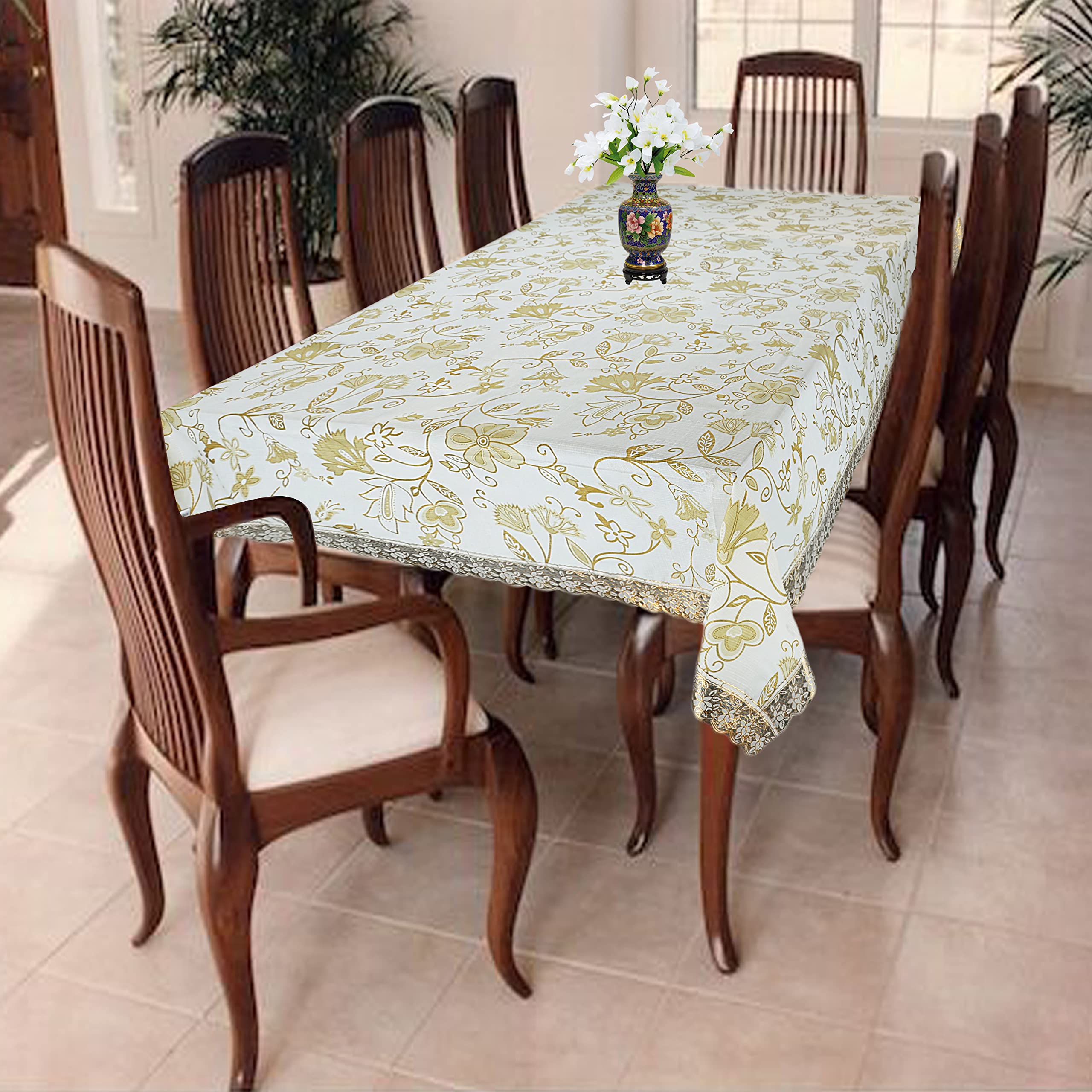 Homerz Premium Dining Table Cover for 6 to 8 Seater, 60 x 90 inch Size, Waterproof and Dustproof (White Floral, 60x90 inch- 6-8 Seater)