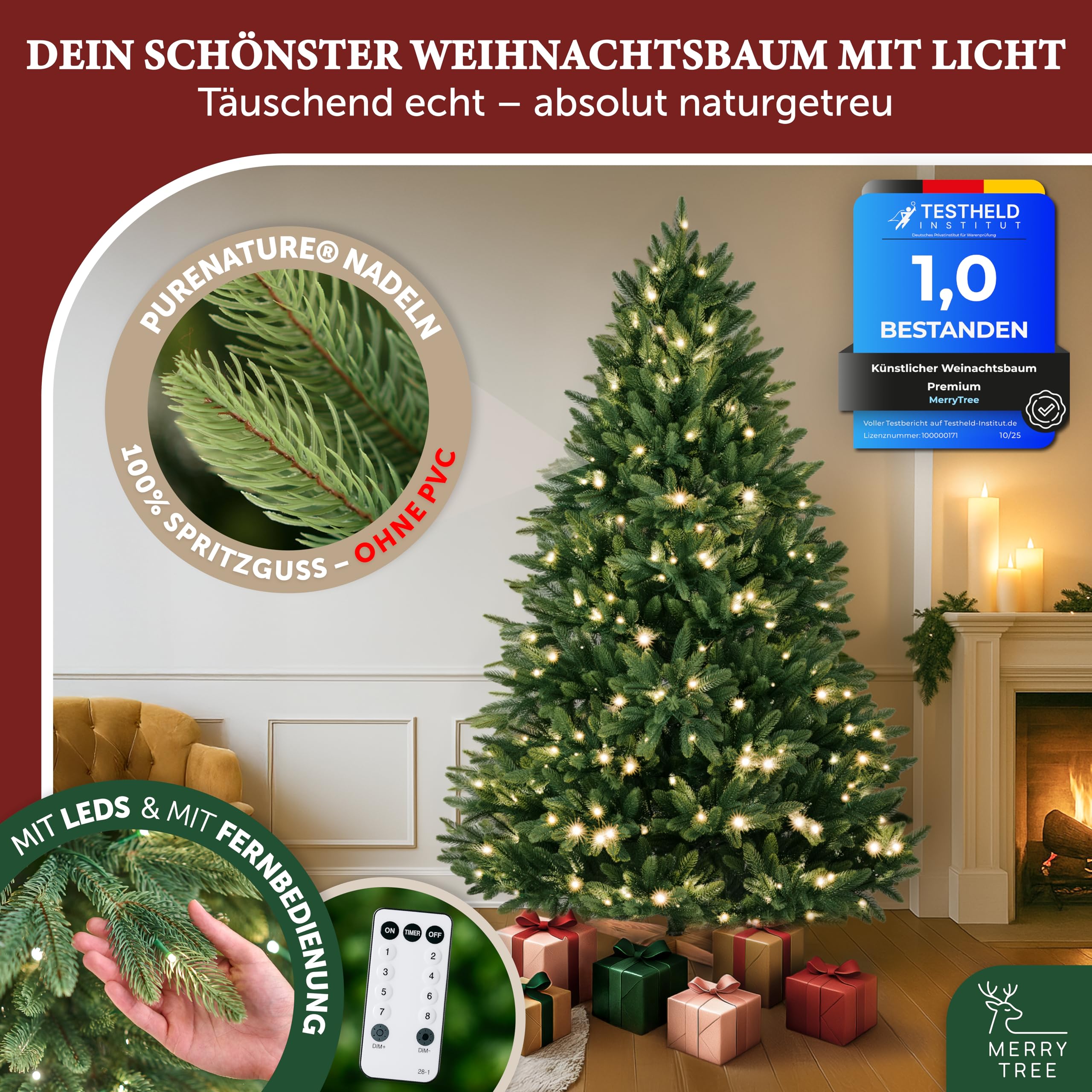 Premium künstlicher Weihnachtsbaum 150cm - Weihnachtsbaum mit Beleuchtung LED - Tannenbaum Spritzguss 100% PE-Nadeln inkl. Holzfuß - Tannenbaum künstlich mit Beleuchtung - Christmas Tree