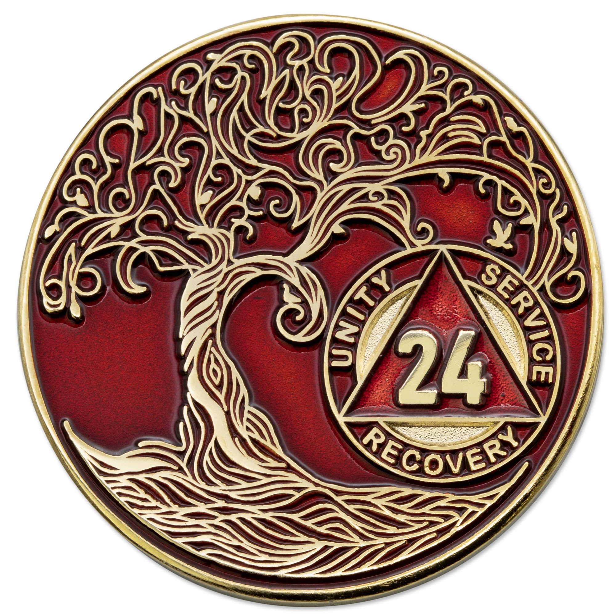 1 to 50 Year Twisted Tree of Life Sobriety Coin - Gold Plated AA Chips &amp; Medallions - 24 Year Sobriety Coin - Red