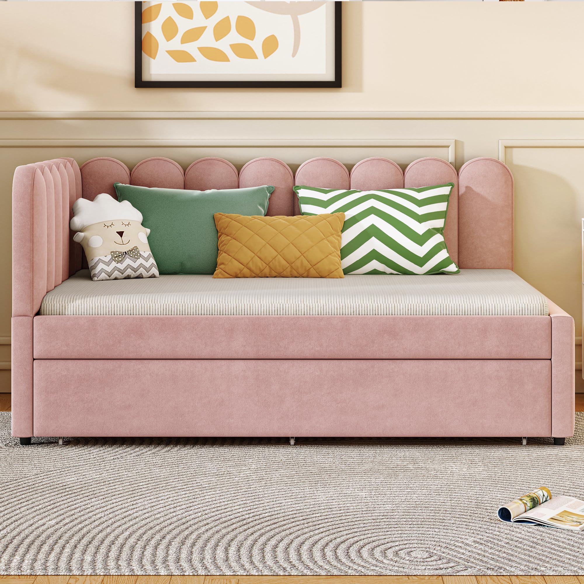 Kebnor Letto imbottito a forma di L, divano letto 140 x 200 cm, con schienale floreale e letto estraibile in tessuto di velluto (rosa, 140 x 200 cm)