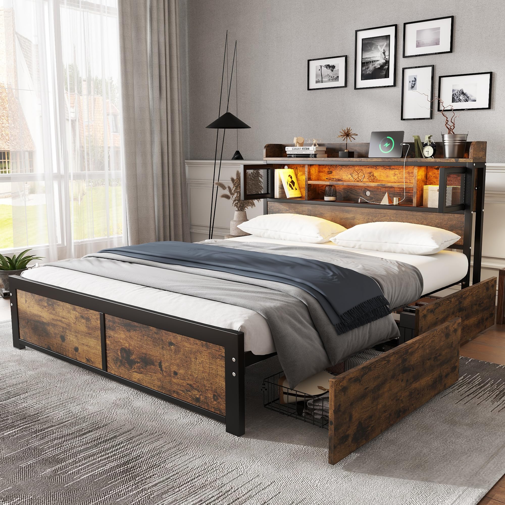 Merax 4ft6 Double Bed 135x190cm with LED,2 Drawers & 3 USB Charging Ports, Durable Iron Frame with MDF Headboard, Multifunctional Youth & Adult Bed - without Materss
