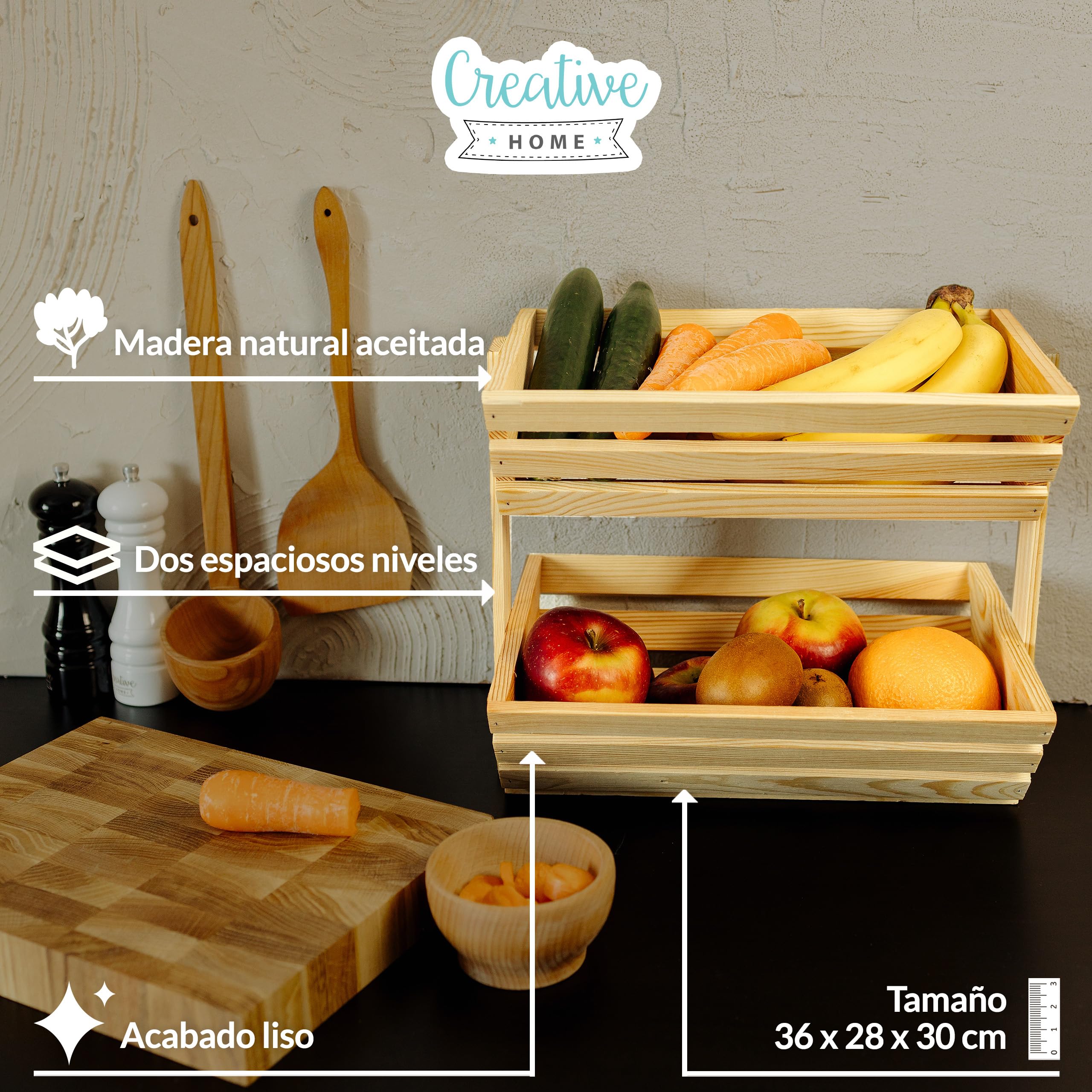 Creative Home Frutero Cesta de Frutas de Dos Niveles de Madera | 36x28x30 cm | Madera Aceitada | Soporte Universal Funcional para Almacenaje y Exhibición | Frutas Verduras Snacks | Cocina Comedor
