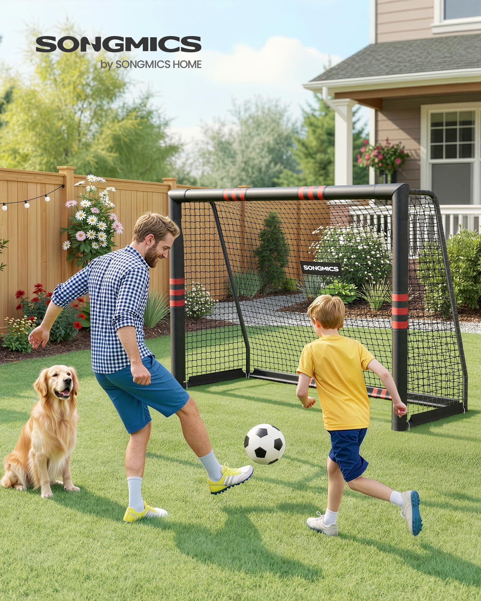 SONGMICS Portería de Fútbol, para Todas Las Edades, de Acero, Red de PE, para Exterior, Jardín, Playa, 85 x 240 x 160 cm, Revestida de Espuma, Negro SZQ240RZ02 - 2