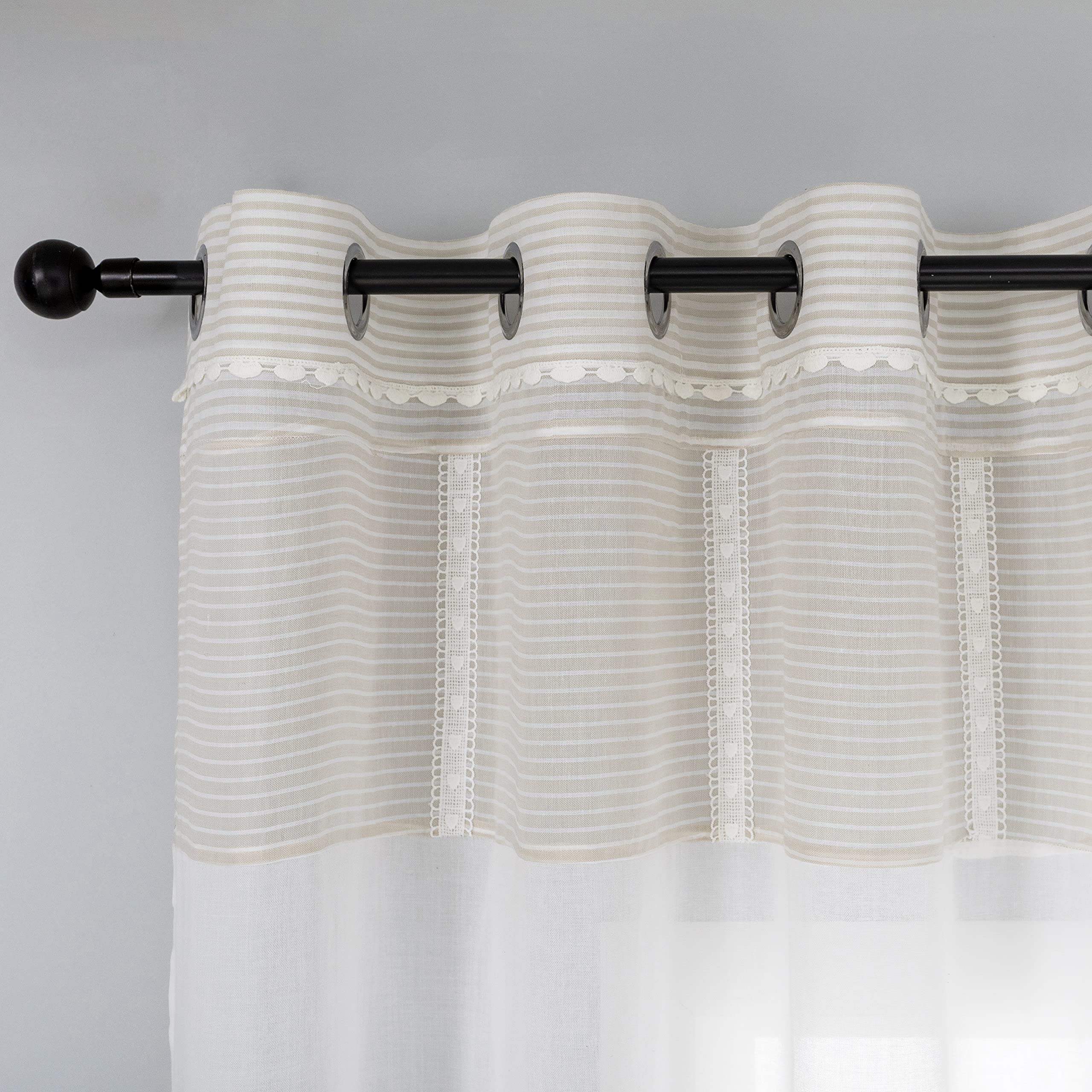GIRASOLE HOME Paire de rideaux blancs semi-transparents, ourlet supérieur beige avec dentelle, pour fenêtre, porte, salon, chambre et chambre à coucher, 2 panneaux avec œillets 140 x 280 cm