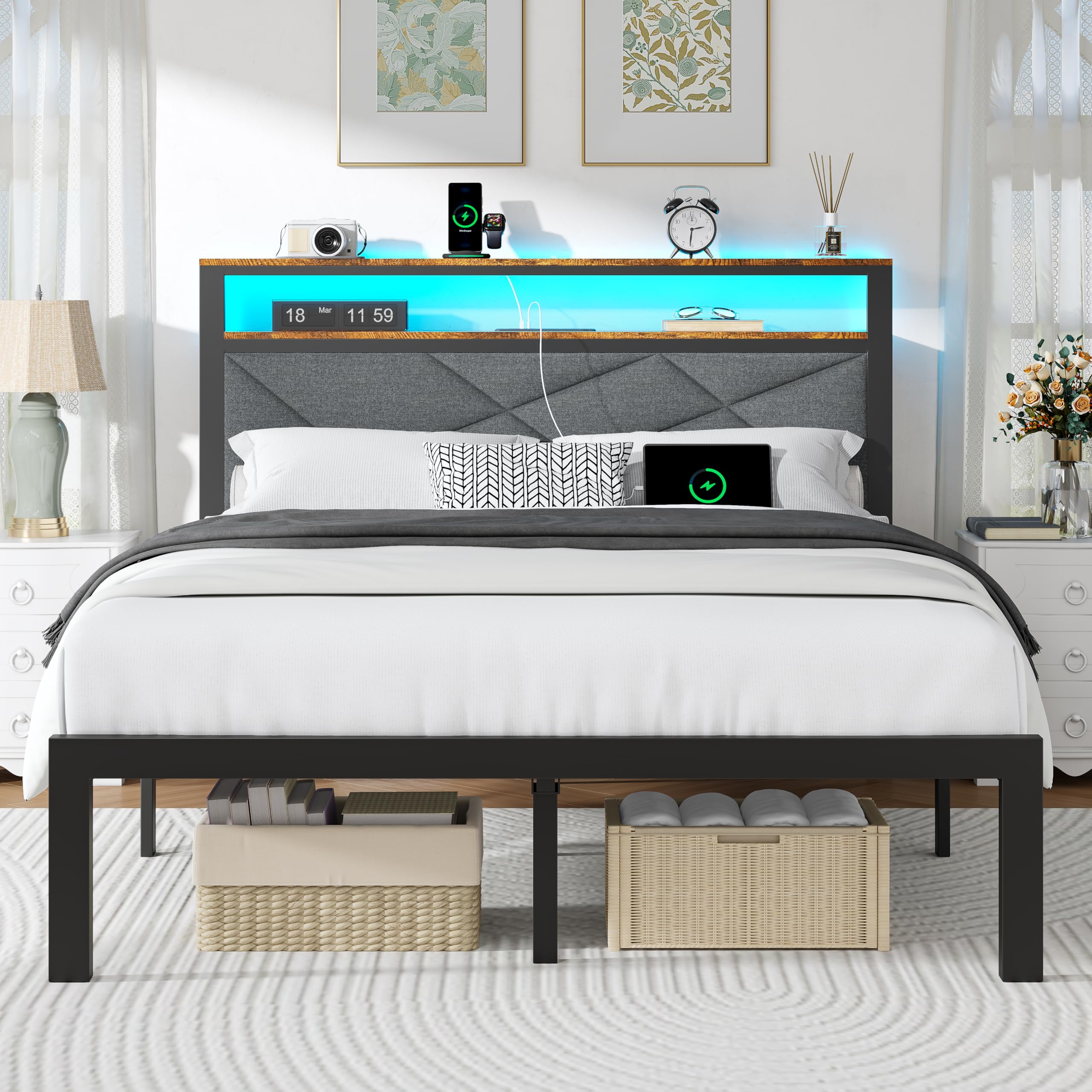 ベッドフレーム BED + MATTRESS with storage - 160x200 cm Amazon.com: ChicZhiNest Full Size Bed Frame with LED