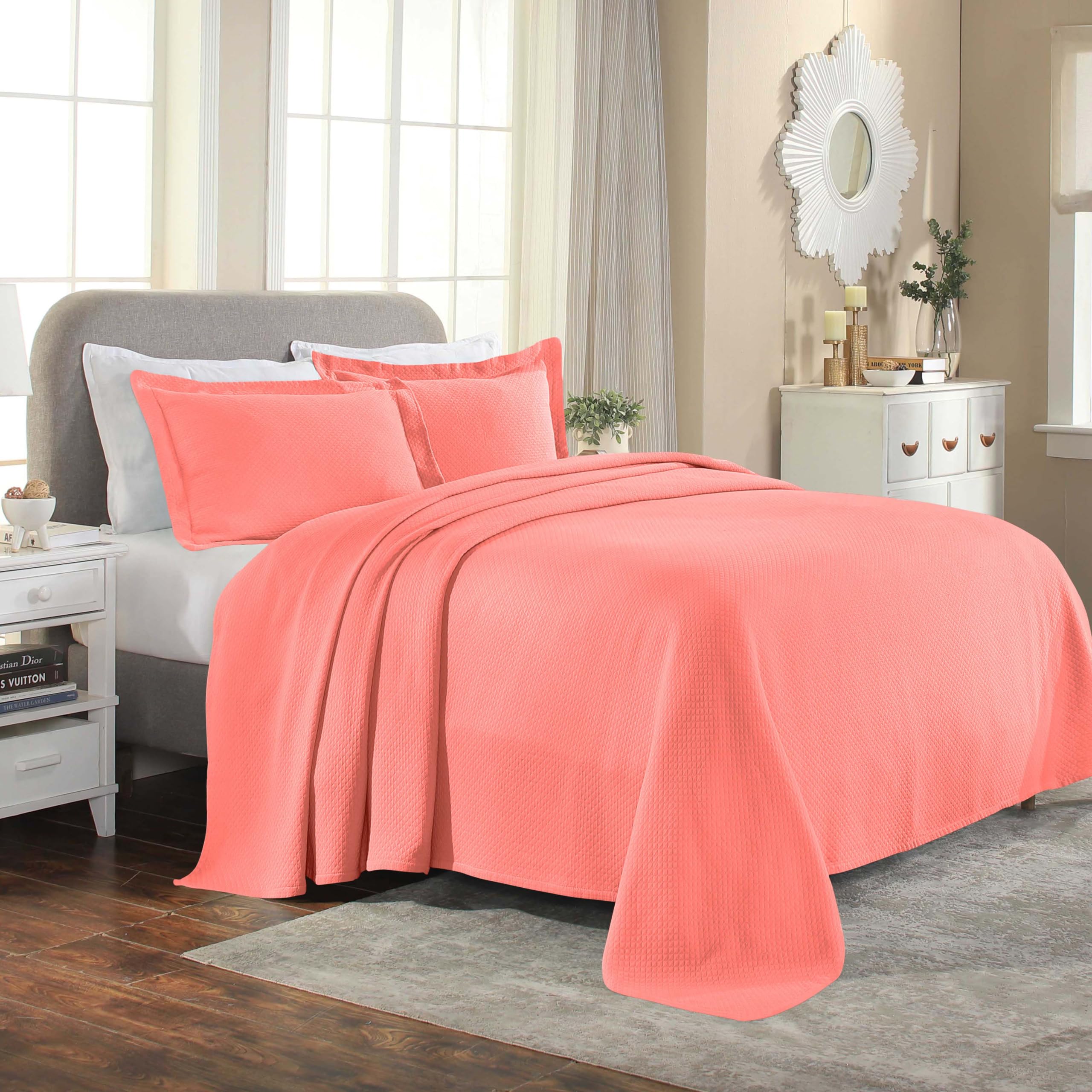 Superior - Solitaire - Parure de lit 3 pièces en Coton texturé - Couvre-lit et 2 taies d'oreiller - Couverture matelassée et aérée - pour Toutes Les Saisons - Taille Queen - Corail