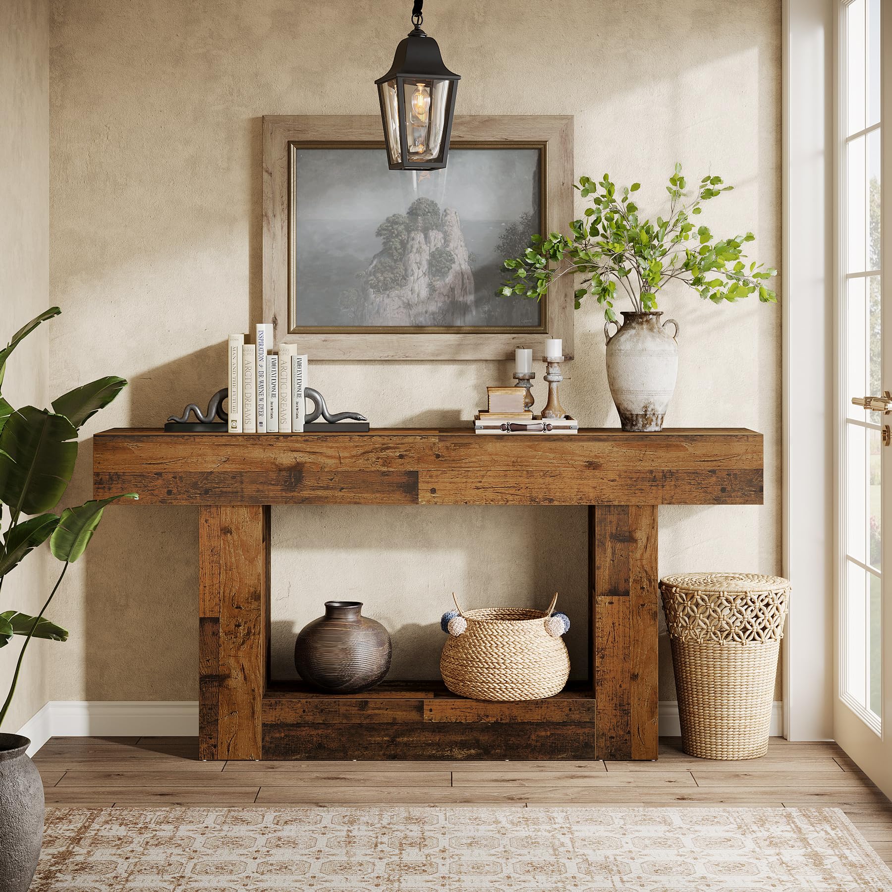Tribesigns Konsolentisch, 160 cm lang, 2-stöckiger Eingangstisch, Sofatisch mit Stauraum, Bauernhaus-Holz hinter Couchtisch für Wohnzimmer, Flur (Rustikales Braun-Mischung)
