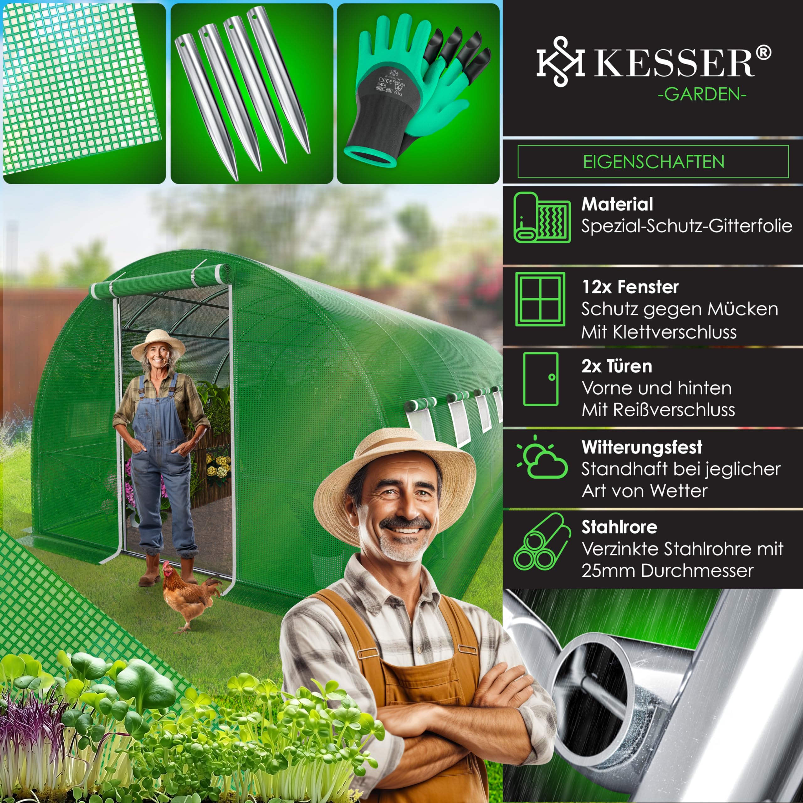 KESSER® Serra stabile con 12 finestre con zanzariera e porta, tunnel da giardino con telaio in acciaio zincato, 170 g/m², con guanti e corde, 600 x 300 cm, verde