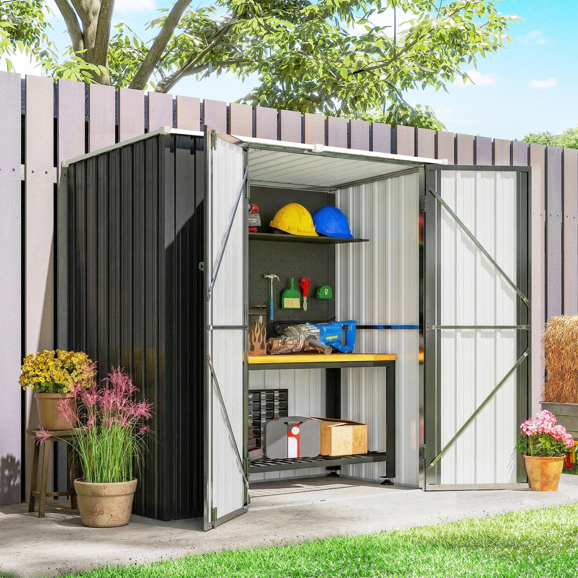 Outsunny Caseta de Jardín Exterior 1,37 m², 163x89x163 cm, Cobertizo de Jardín Exterior Metálico con Techo Inclinado, Puertas con Pestillo y Guantes para Almacenamiento de Herramientas, Gris Oscuro — view 8
