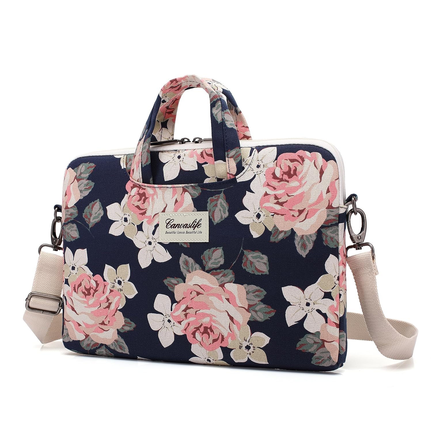 Canvaslife White Rose Patten Canvas Laptop Shoulder Messenger Bag Case Sleeve for 14 Inch 15 Inch Laptop 15