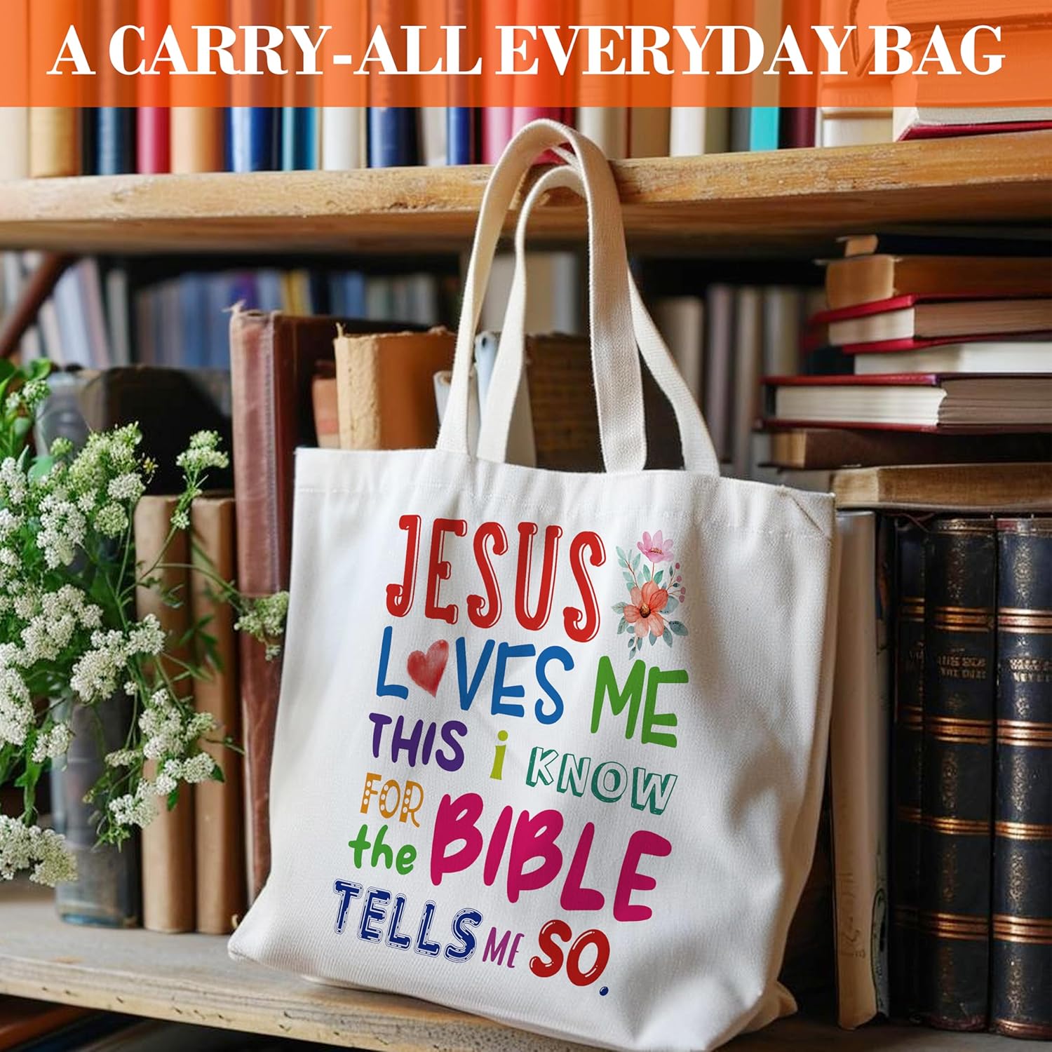 Christian Canvas Tote Bag for Women, Jesus Loves Me Bible Tote, Bible Verse Religious Gift Bag, Scripture Library Book Bag, Shoulder Bag Christian Gifts for Women Friends Colleagues -02 - Image 3