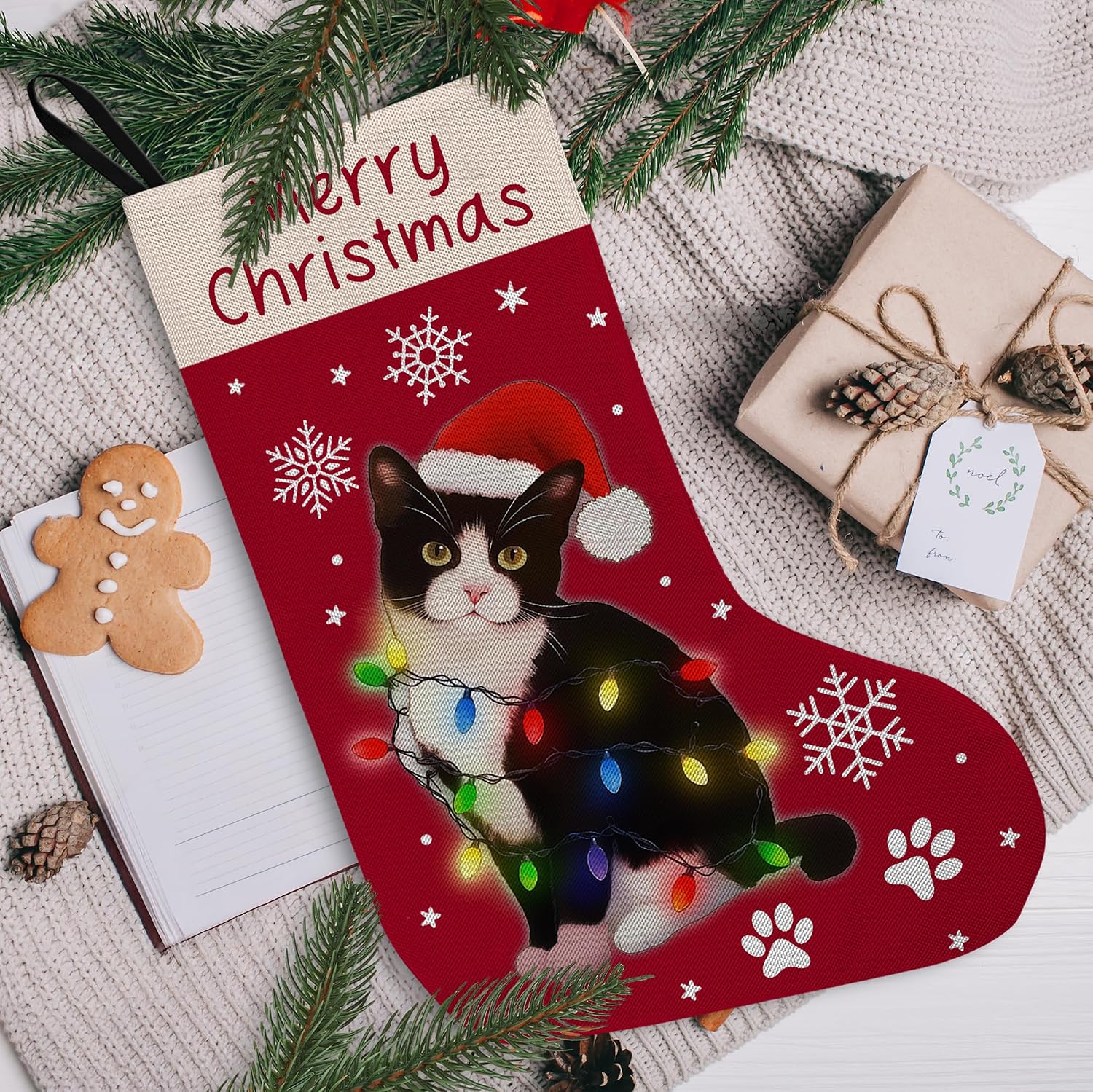 Black Cat Christmas Stocking 18 Inches, Cat Christmas Decor,Cat Stockings Christmas, Cat Lights Xmas Stockings, Hanging Christmas Stockings for Kids, Cat Fireplace Christmas Tree Decorations