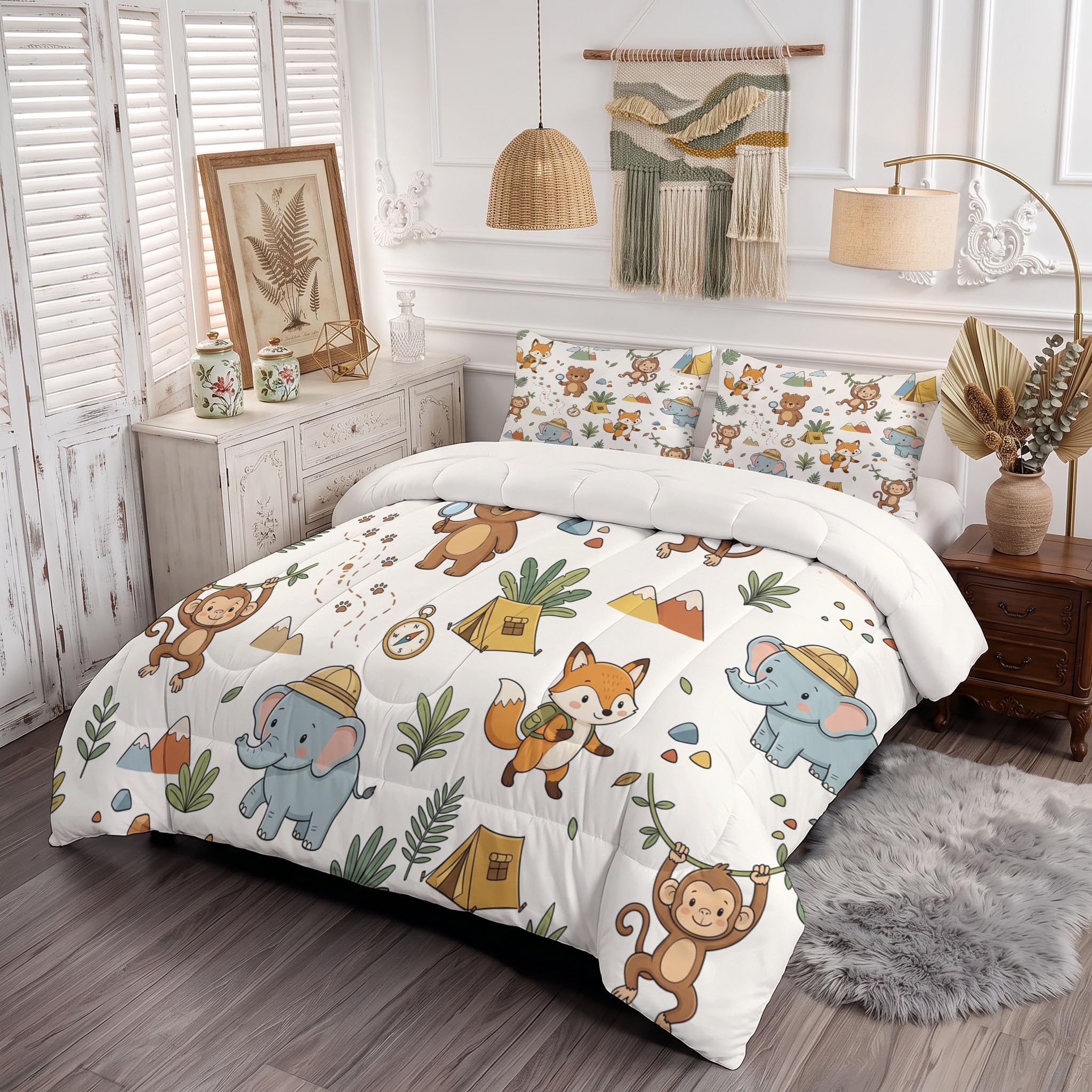 Piumone 2-In-1 Letto Singolo 140X200 Cm Animali Divertenti E Avventurosi | Trapunta E Piumino Reversibile 4 Stagioni, Campeggio Nella Foresta Animali, Copriletto Lavabile Morbido Leggero, Beige