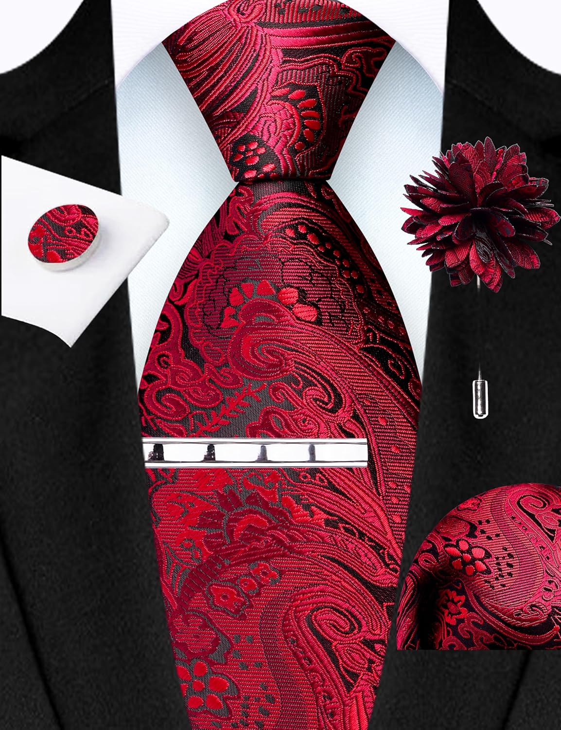 GUSLESON Tie Set for Men Necktie and Pocket Square,Tie Clip,Cufflinks, Lapel Pin Sets with Gift Box 5PCS - Image 2