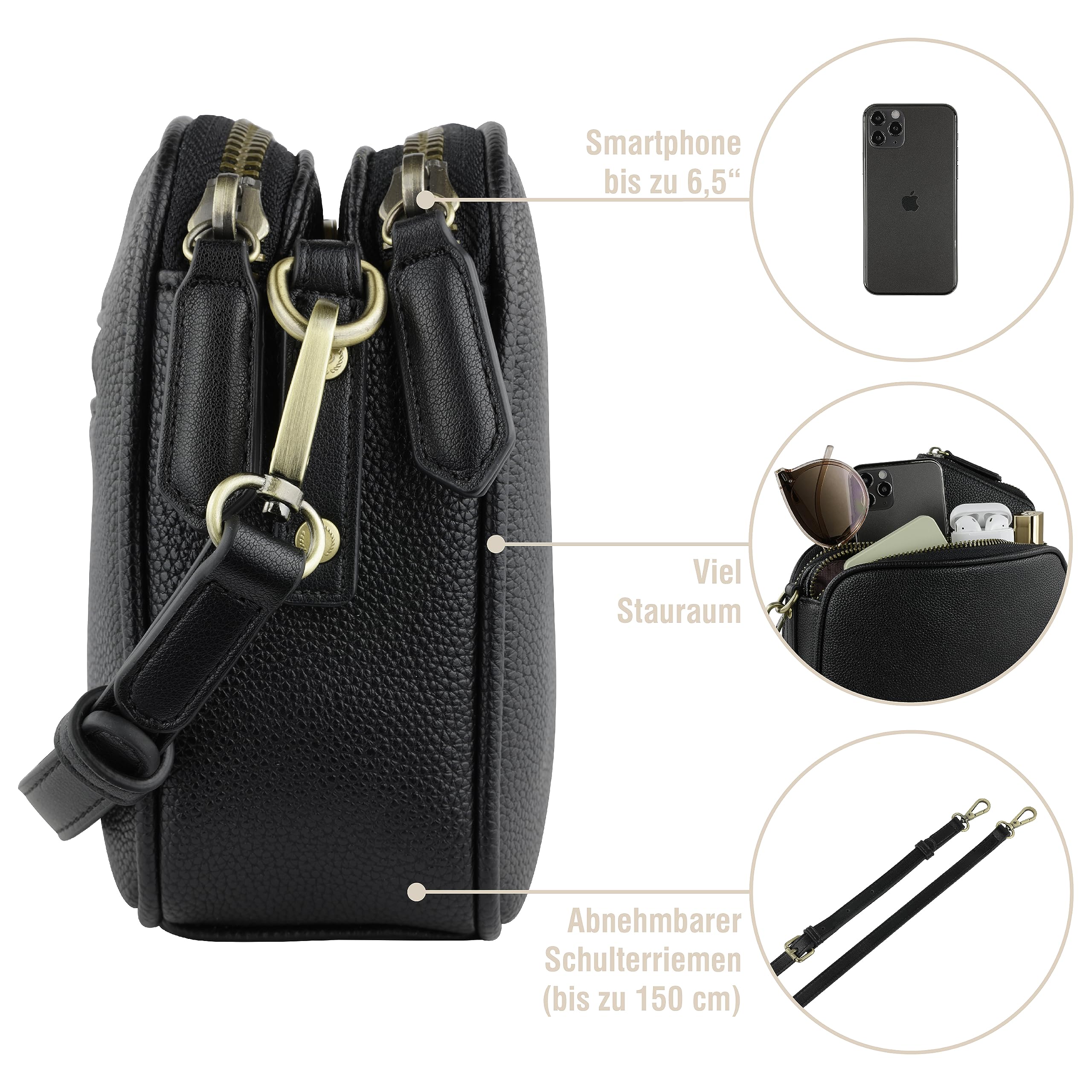 bugatti Passione Handtasche Damen Klein - Kunstleder-Tasche, kleine Umhängetasche, schwarz