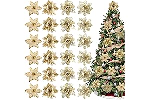 24Pcs Christmas Poinsettia with 24pcs Clips 4 Design Glitter Gold Artificial Flowers