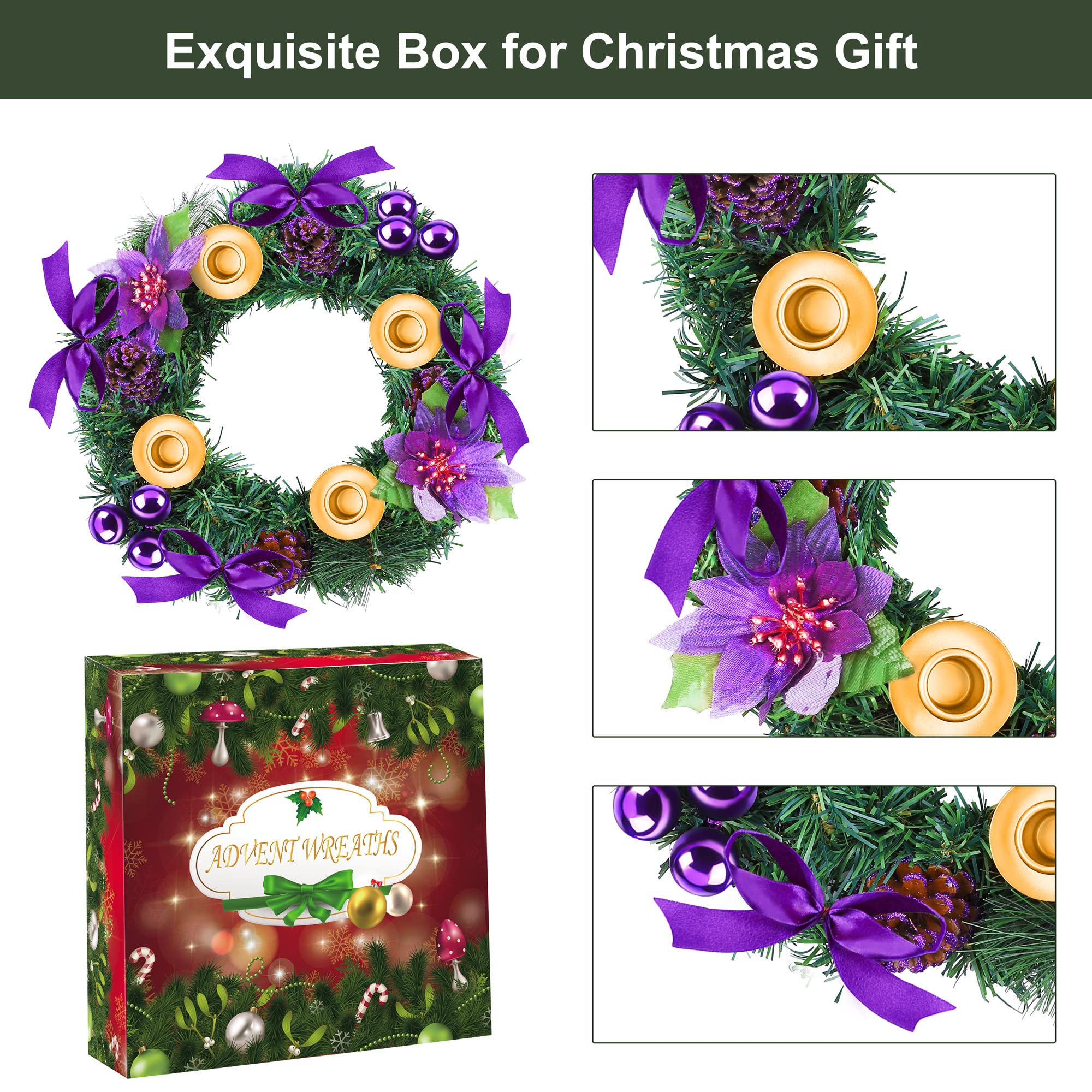 Fovths Couronne de l'Avent de 30,5 cm avec 4 bougies coniques sans flamme et télécommande pour décoration de Noël, maison, église, violet