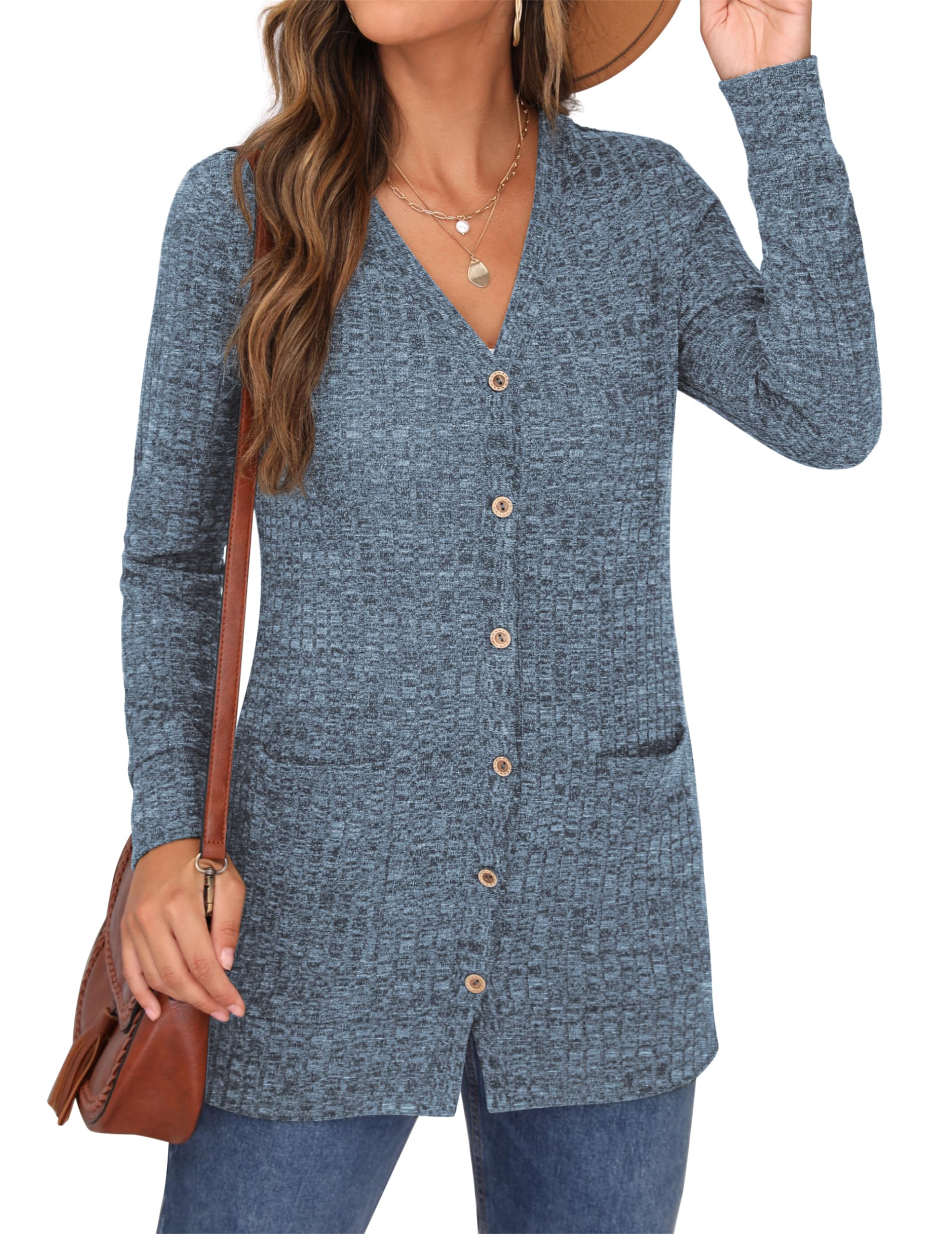 GRECERELLE Cardigan Donna Lungo Golfino Manica Lunga Elegante Comodo Apertura Frontale Bottoni Tasche Maglione Leggero Scollo a V