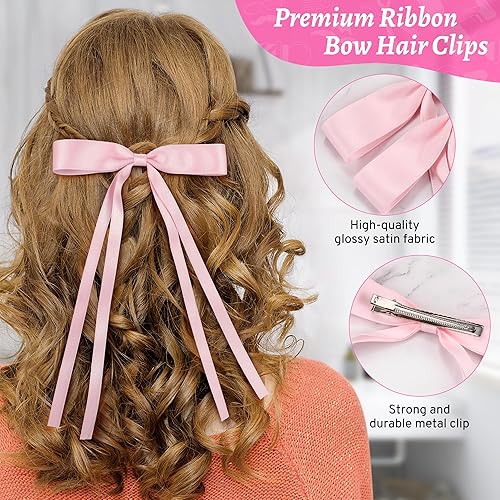 Miniatura 2 de 6 lazos para el cabello para mujer, lazos de satén para el cabello, lazos de metal con cola larga, pinzas para el cabello con borla, pasadores para