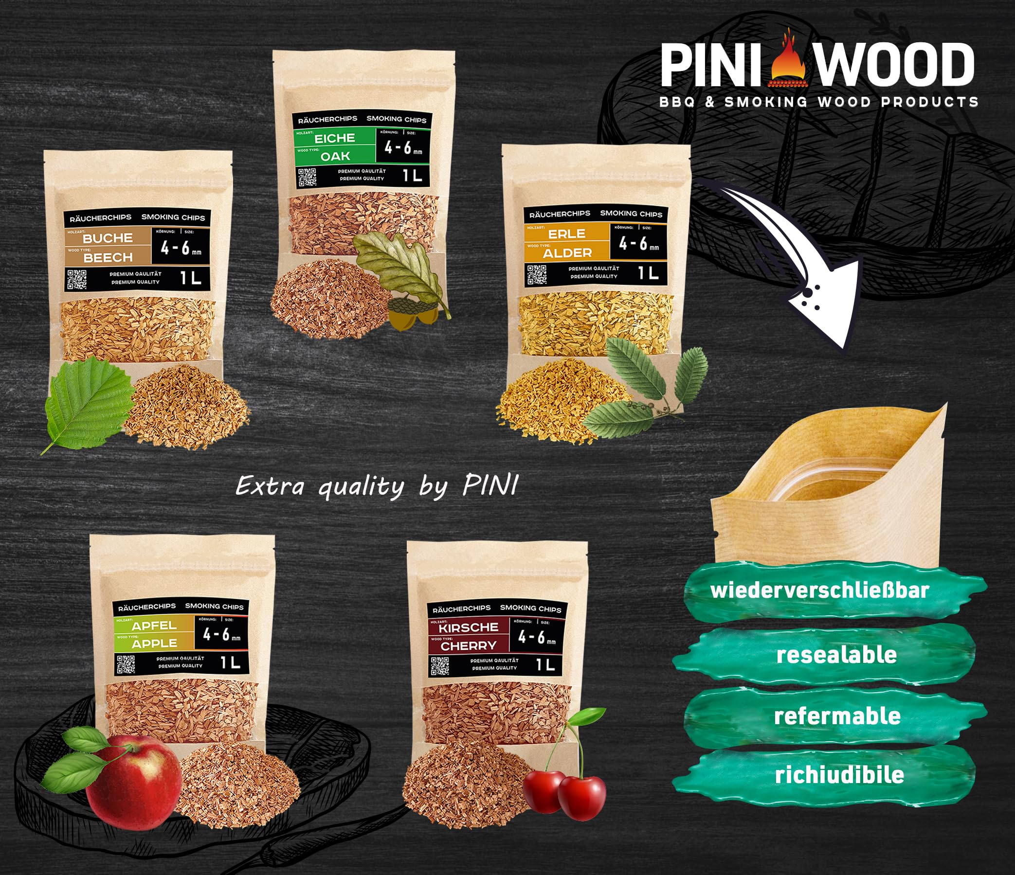 PINI Woodchips Lot de 5 copeaux de fumage de 1 litre Grain optimal 4-6 mm Copeaux de fumage variés Hêtre, Chêne, Cerise, Pomme, Aulne