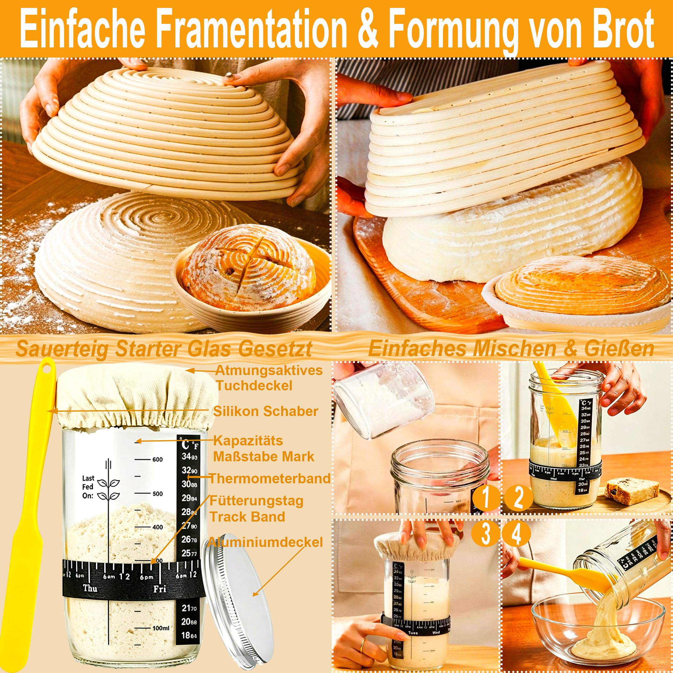 Gärkörbchen von Sauerteig Starter Set, 2 Gärkorb – Gärkörbchen Rund 23cm, Oval 25cm, Sauerteig Starter Glas, Brot Backen Zubehör, Brotbackzubehör, Geschenk für Anfänger, Erfahrener Bäcker