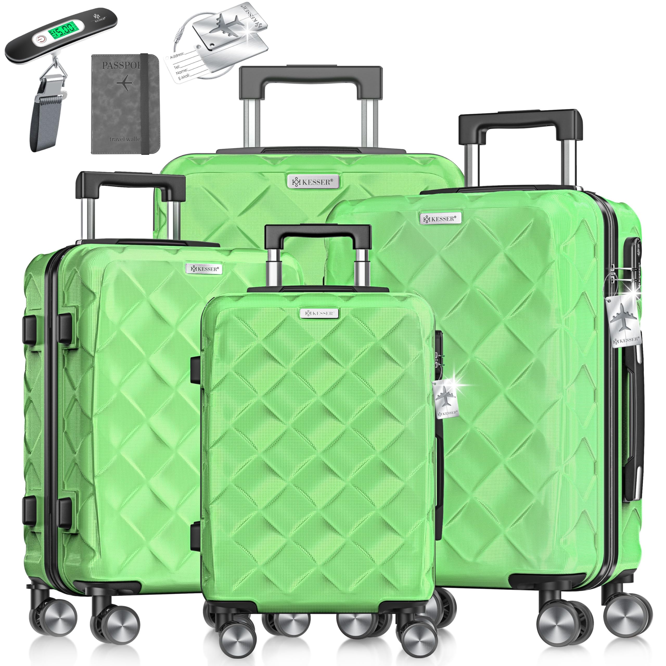 KESSER® Reisekoffer Set 4-teilig | Kofferset ABS Hartschalenkoffer mit Zahlenschloss, Kofferwaage & Reisebrieftasche 360° Rollen | Handgepäck & große Koffer für Business & Reise Trolley Apple Green