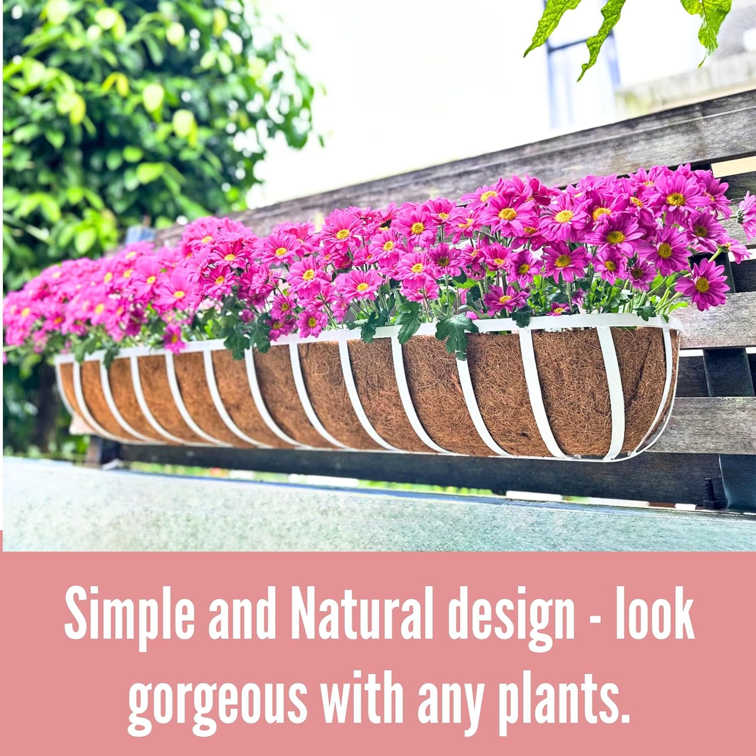 LaLaGreen Bundle- 2 Pack, 48 Inch Rectangular Metal Basket with Coco Liner + 2 Pack, 48 Inch Coconut Coir Insert Extra Large Plant Box Outdoor Hanging Rail Planter with Bracket Fence Porch Patio Decor