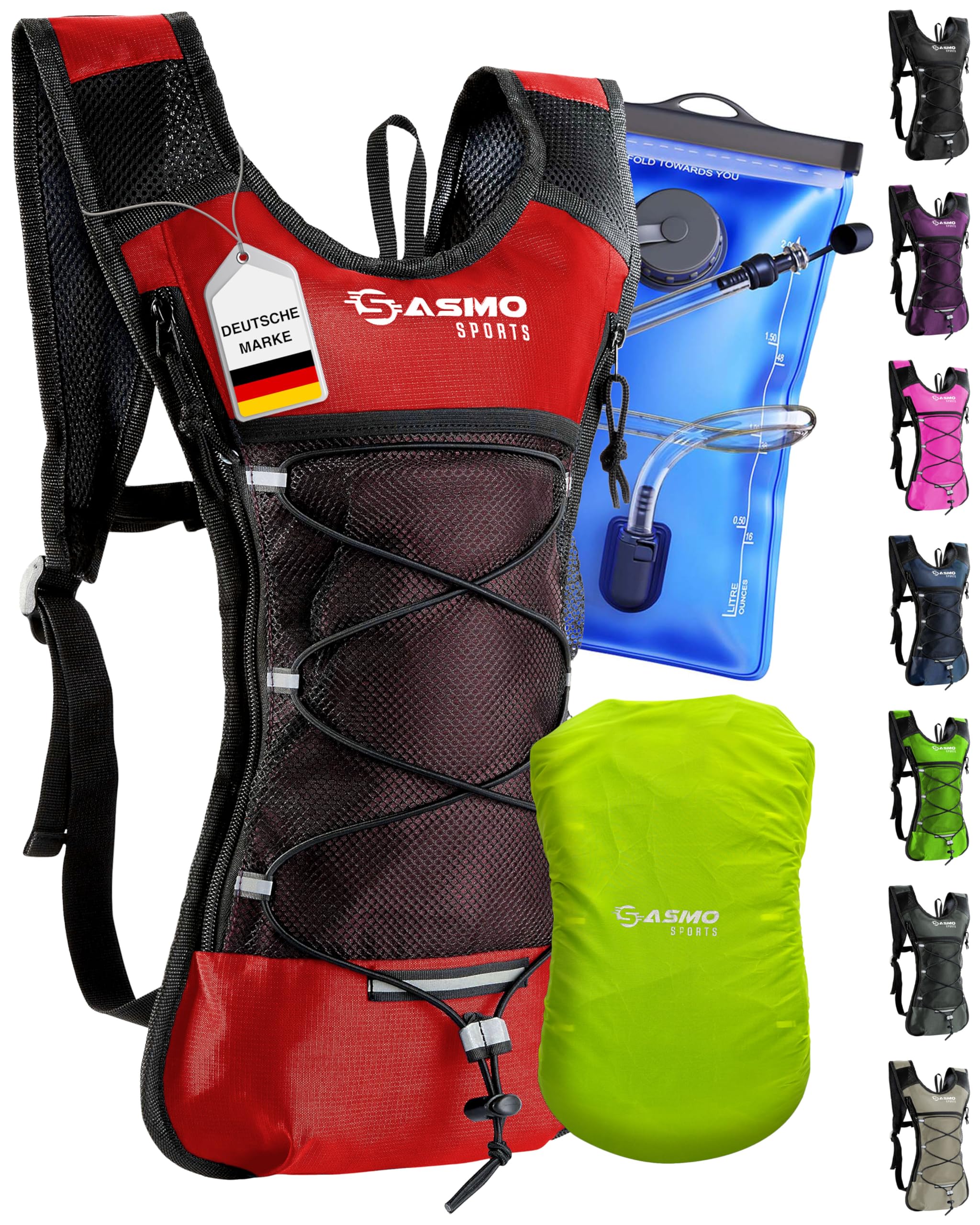 SASMO® Trinkrucksack (Rot) mit Thermofach | Trinkrucksack Laufen - Ultraleicht 300g & 6L | Laufrucksack mit Trinkblase 2l, BPA-Frei | Rucksack mit Trinkblase & Reflektoren | Laufen, Fahrradfahren