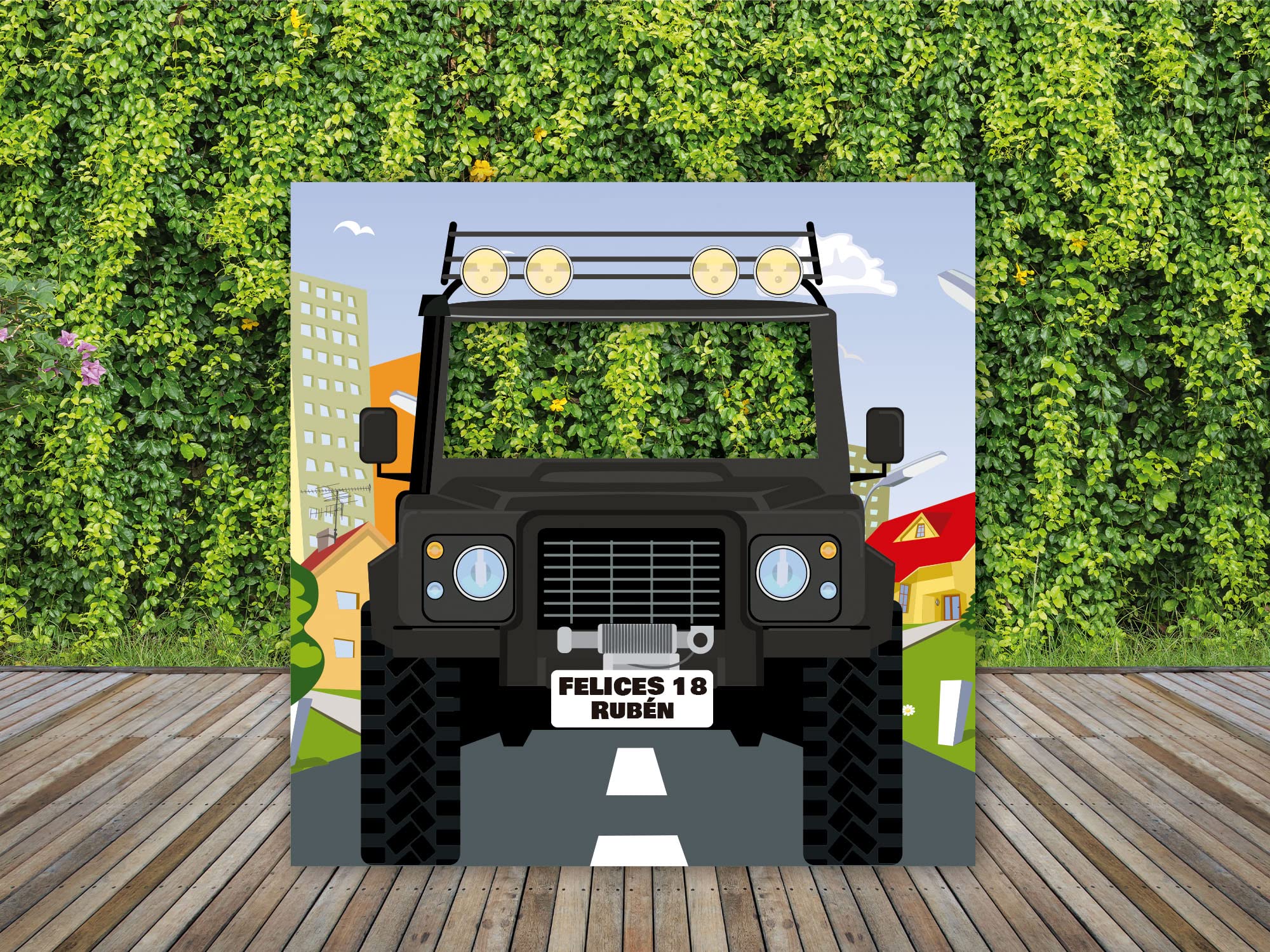 Oedim Photocall en Cartón Coche Negro Ciudad Personalizado Cumpleaños, 140x140cm, Photocall Decorativo para Eventos o Celebraciones puntuales, Photocall Divertido