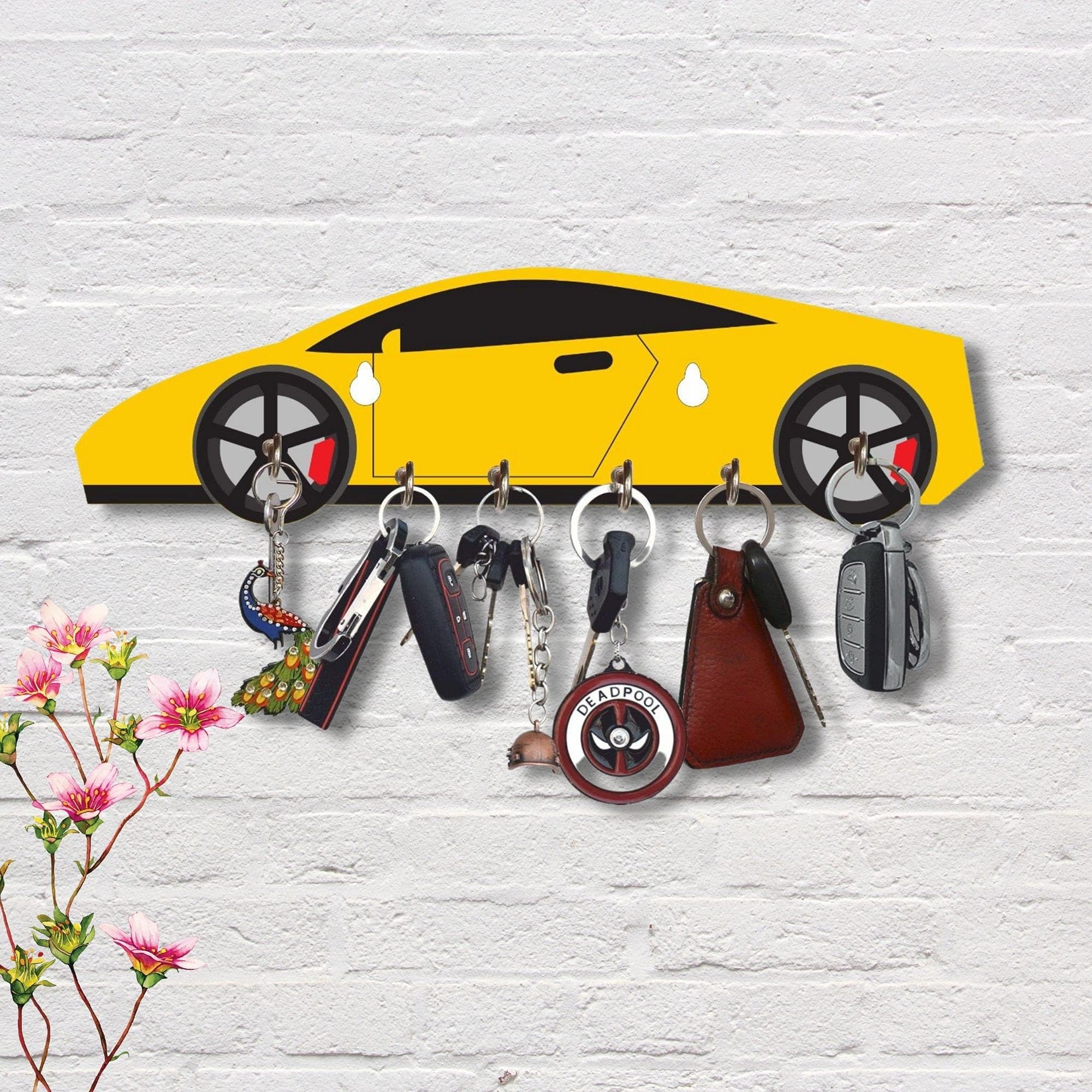 Webelkart Premium HD UV Printed New Car Shaped Keys Wooden Key Holder (15 Inch x 4 Inch, Wood, Multicolor)- 6 Hooks