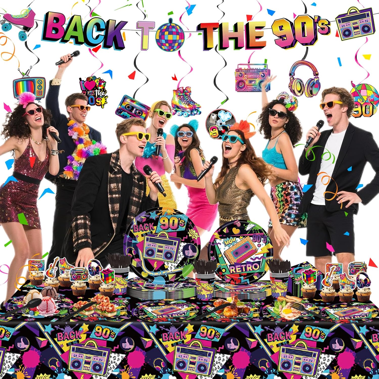90s Party Decorations Back To The 90's Birthday Party Supplies, 172pcs Tableware - Plates, Napkins, Cups, Cutlery, Tablecloth, Banner, Hanging Swirls, Cupcake Toppers for 90s 1990s Retro Hip-Hop Party