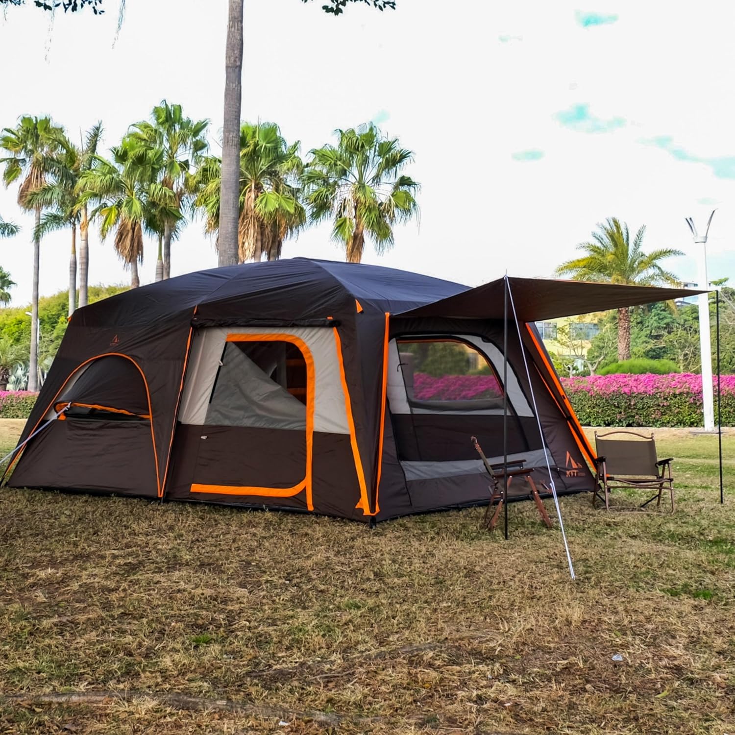 KTT Extra Large Tent 12 Person,Family Cabin Tents,2 Bay-Windows,2 Rooms and 3 Doors 3 Windows with Mesh,Waterproof,Straight Wall,Double Layer,Big Tent for Outdoor,Picnic,Camping