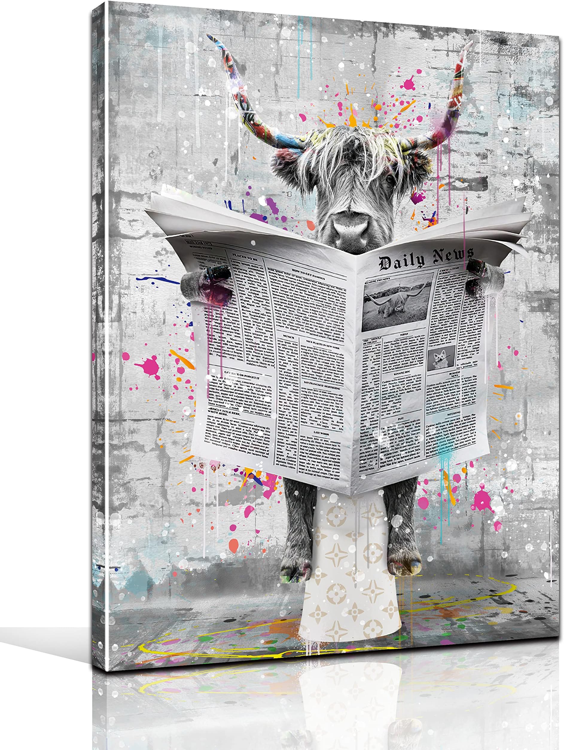 GUGIKA Highland Cow Wall Art for Bathroom, Funny Graffiti Cattle Living Room Wall Decor, Black and White Bedroom Canvas Print, Size 16x24 Inches