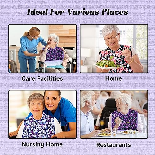 Miniatura 7 de Baberos para adultos, 3 piezas, protectores de ropa lavables con atrapasamigas, baberos para adultos para mujeres mayores que comen flores lavables