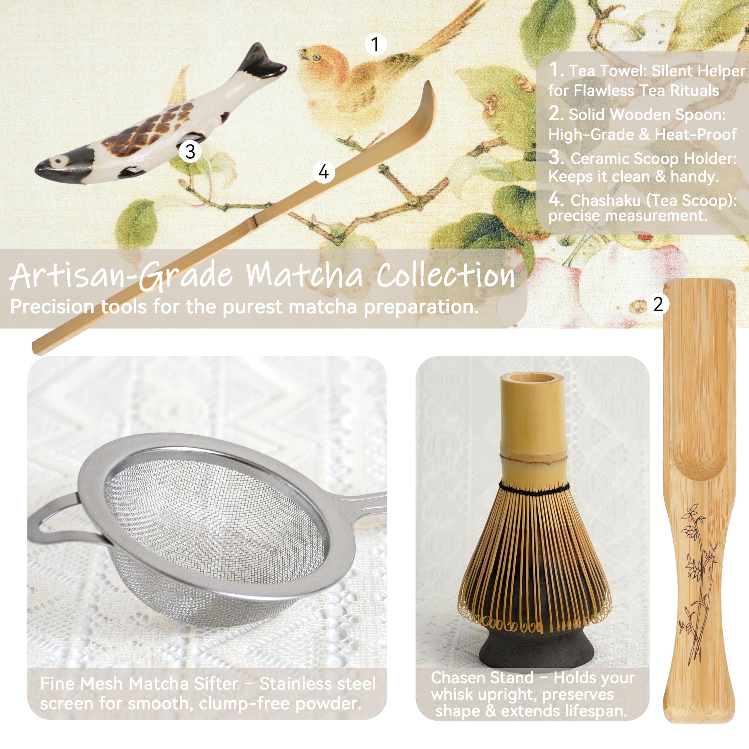 Set Matcha et Bol (8 pièces), Set de Thé Matcha Brun et Fouet en Bambou Artisanal (Chasen) pour Amateurs de Thé