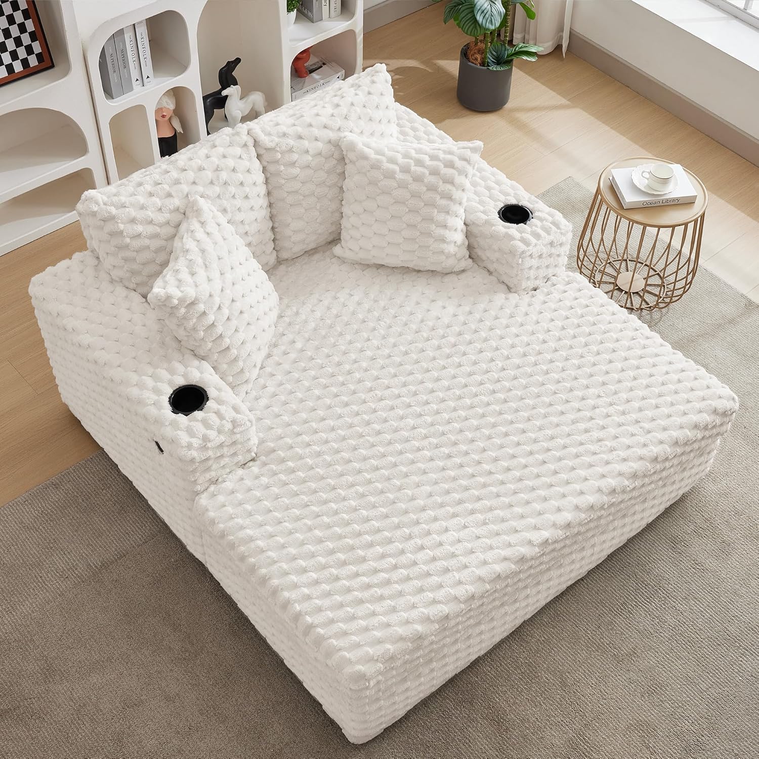 60 Inch Oversized Chaise Lounge Indoor, Upholstered Sofa Bed with Throw Pillows and Armrests, Sleeper Chair- Cozy Reading Chair for Living Room, Bedroom, Home, Beige