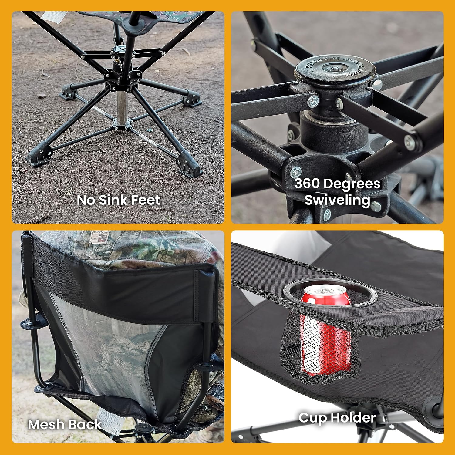 ARROWHEAD OUTDOOR 360° Degree Swivel Hunting Chair w/Armrests, Perfect for Blinds, No Sink Feet, Supports up to 450lbs, Carrying Case, Steel Frame, Fishing, High-Grade 600D Canvas, USA-Based Support,