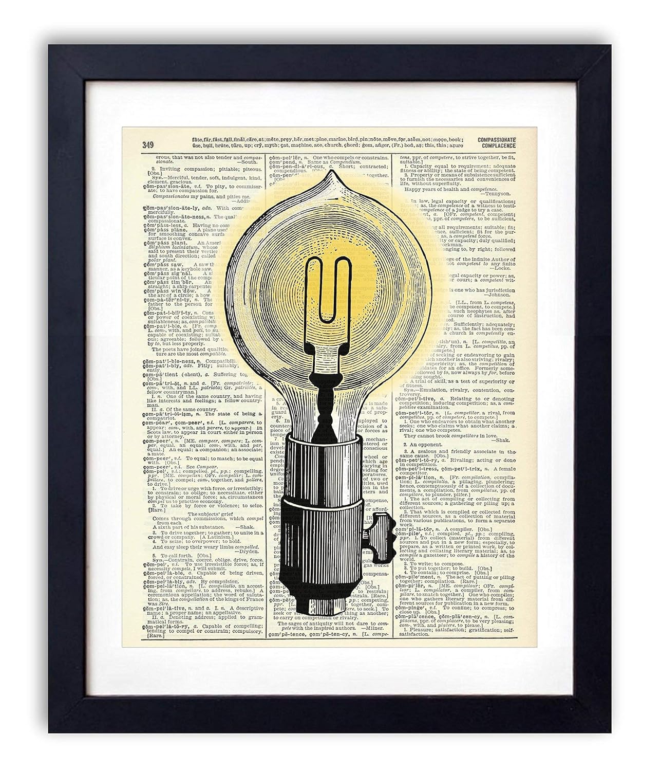 Antique Glowing Light Bulb, Vintage Dictionary Art Print, Antique Wall Art Home
