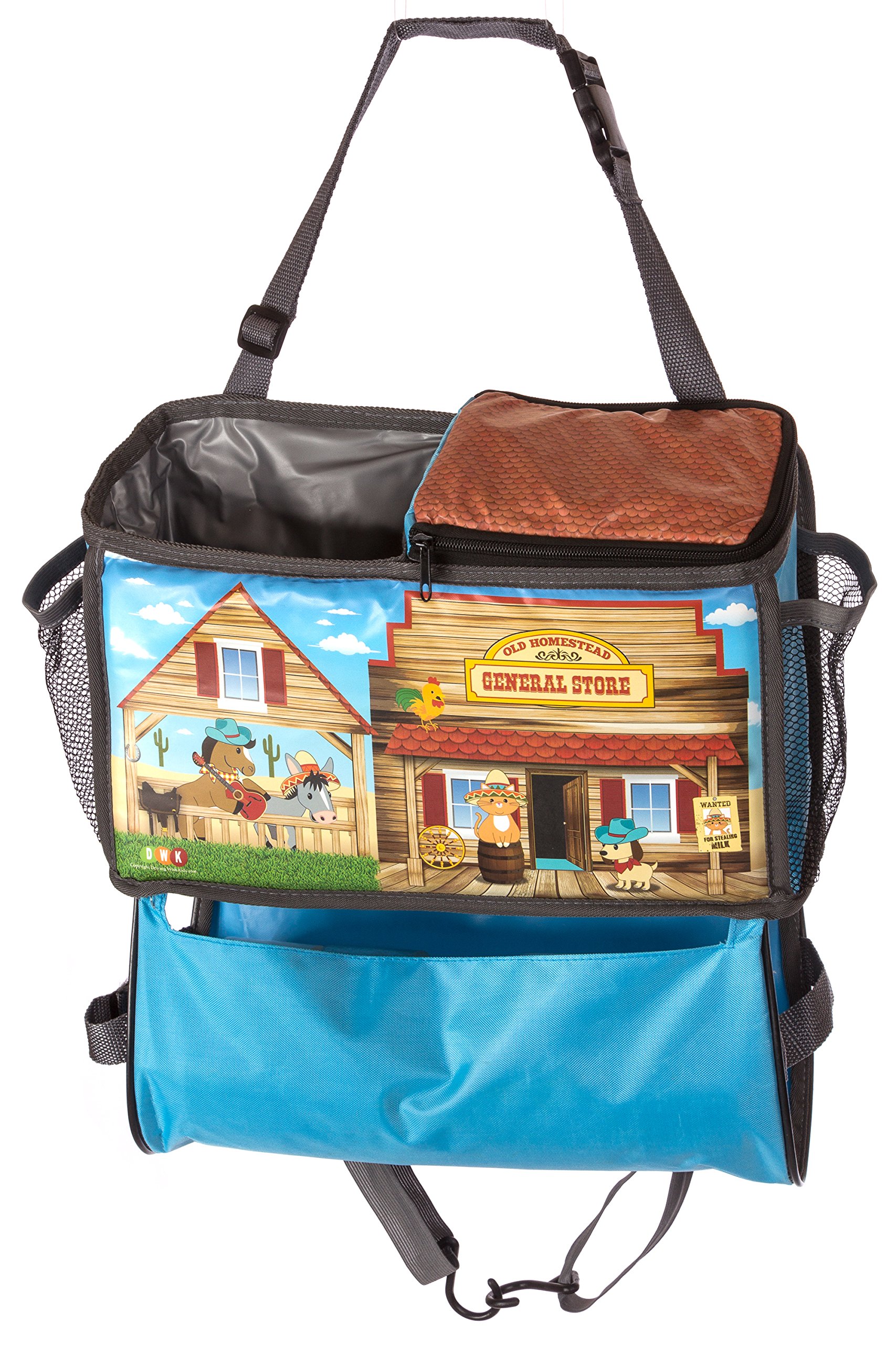 Car Back Seat Organizer Insulated Lunch Bag for Children with Trash Bag and Waterproof Lining – Small Blue