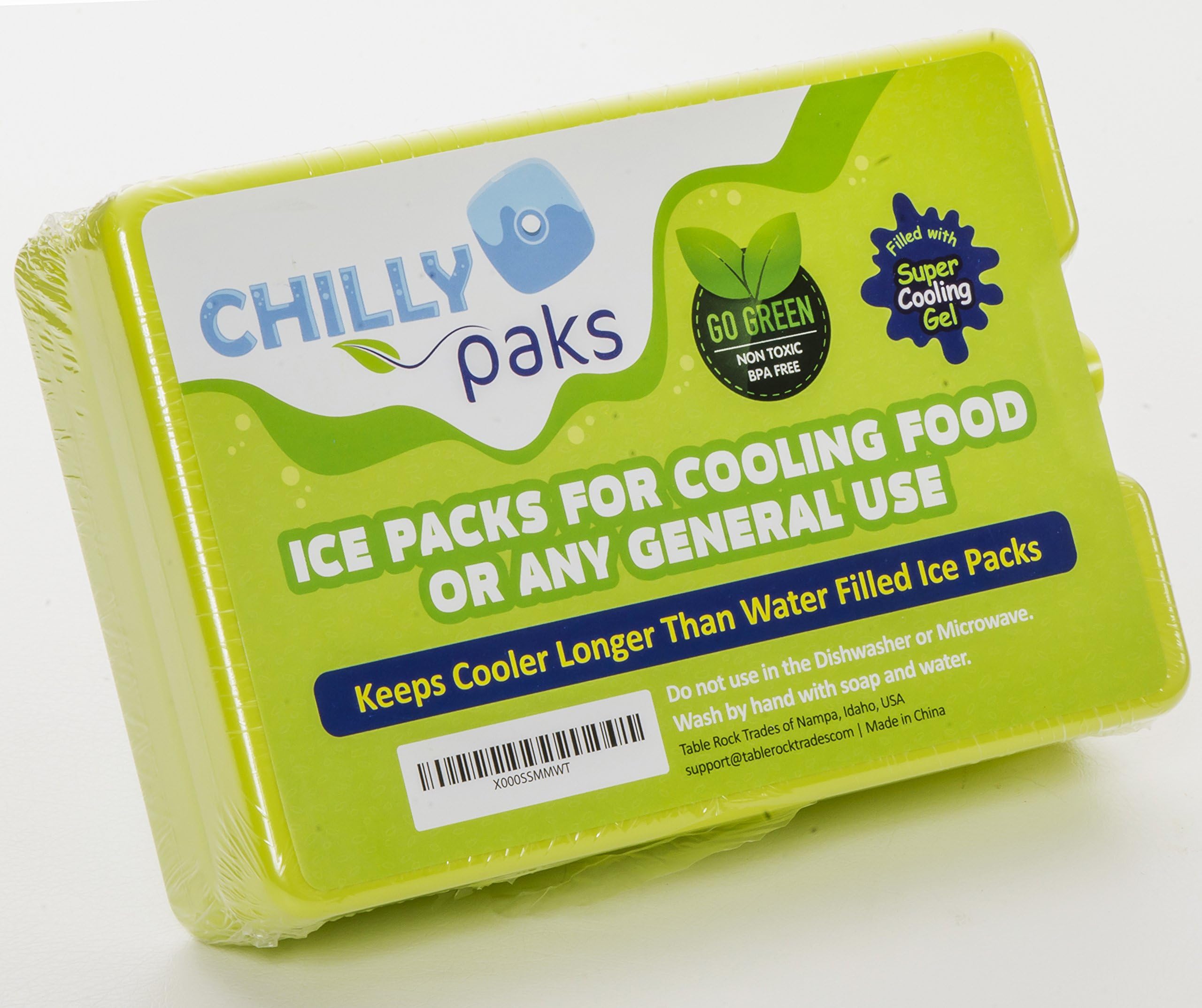 Ice Packs from Chilly Pak, Green, Filled with Gel. Set of 2. 1" thick for Long Cooling in Larger Personal and Camping Coolers.