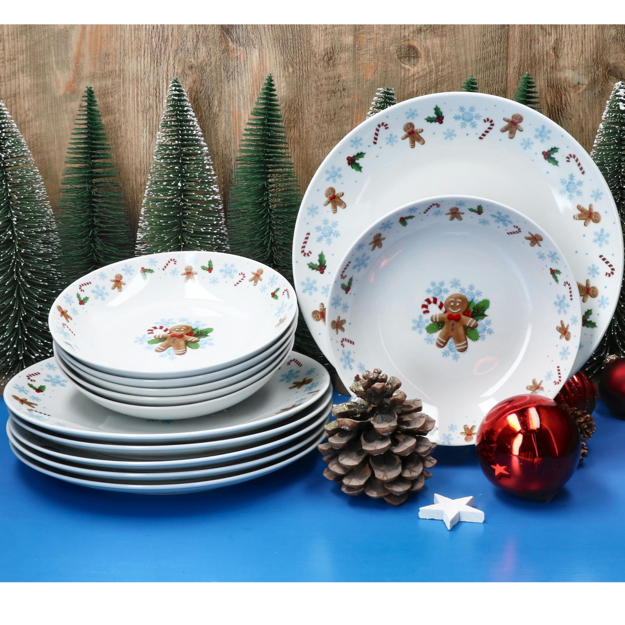 MamboCat Candyman - Set 6 Piatti Piani In Porcellana Per Natale - Decorazione Frozen Blu Ghiaccio Con Omini Di Pan Di Zenzero - 27 Cm - Lavastoviglie E Microonde